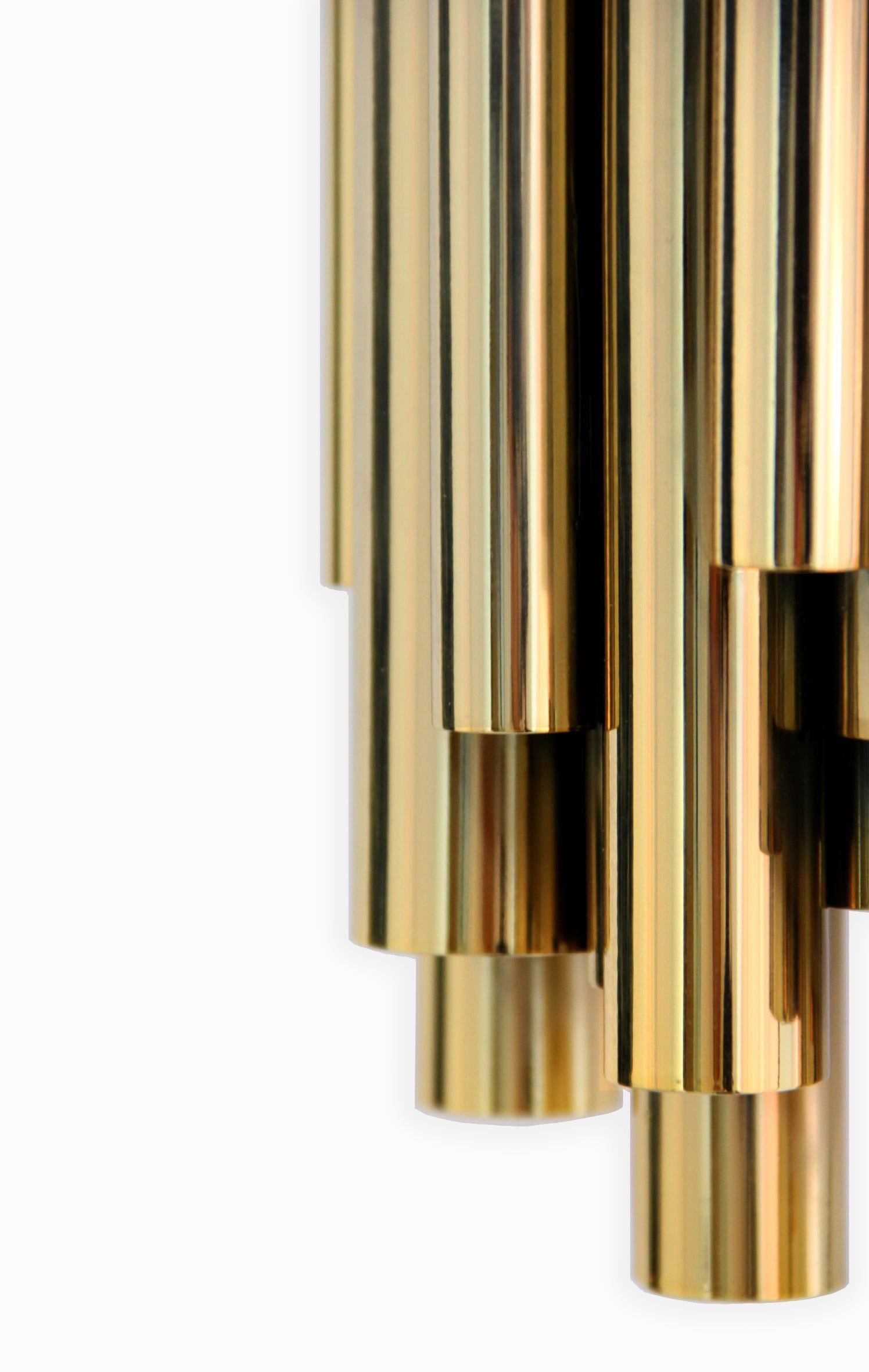 Luxury and Art Deco are synonym with this Brubeck wall sconce lighting design. Inspired by the timeless musical instrument that is the pipe organ and one of the foremost exponents of jazz, Dave Brubeck, this luxurious wall sconce is a statement