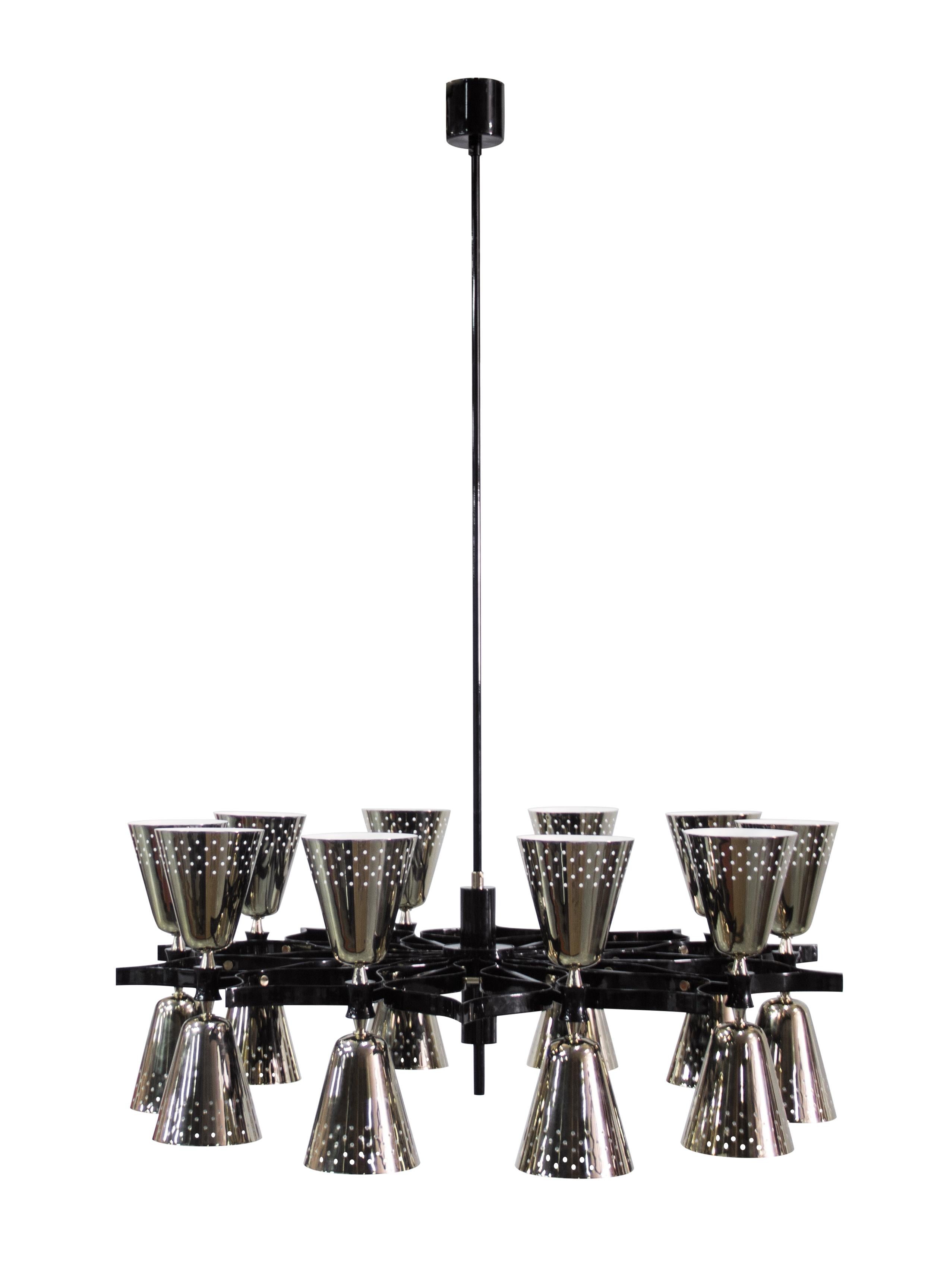 Mid-Century Modern Charles Pendant Light in Black with Silver Shades For Sale