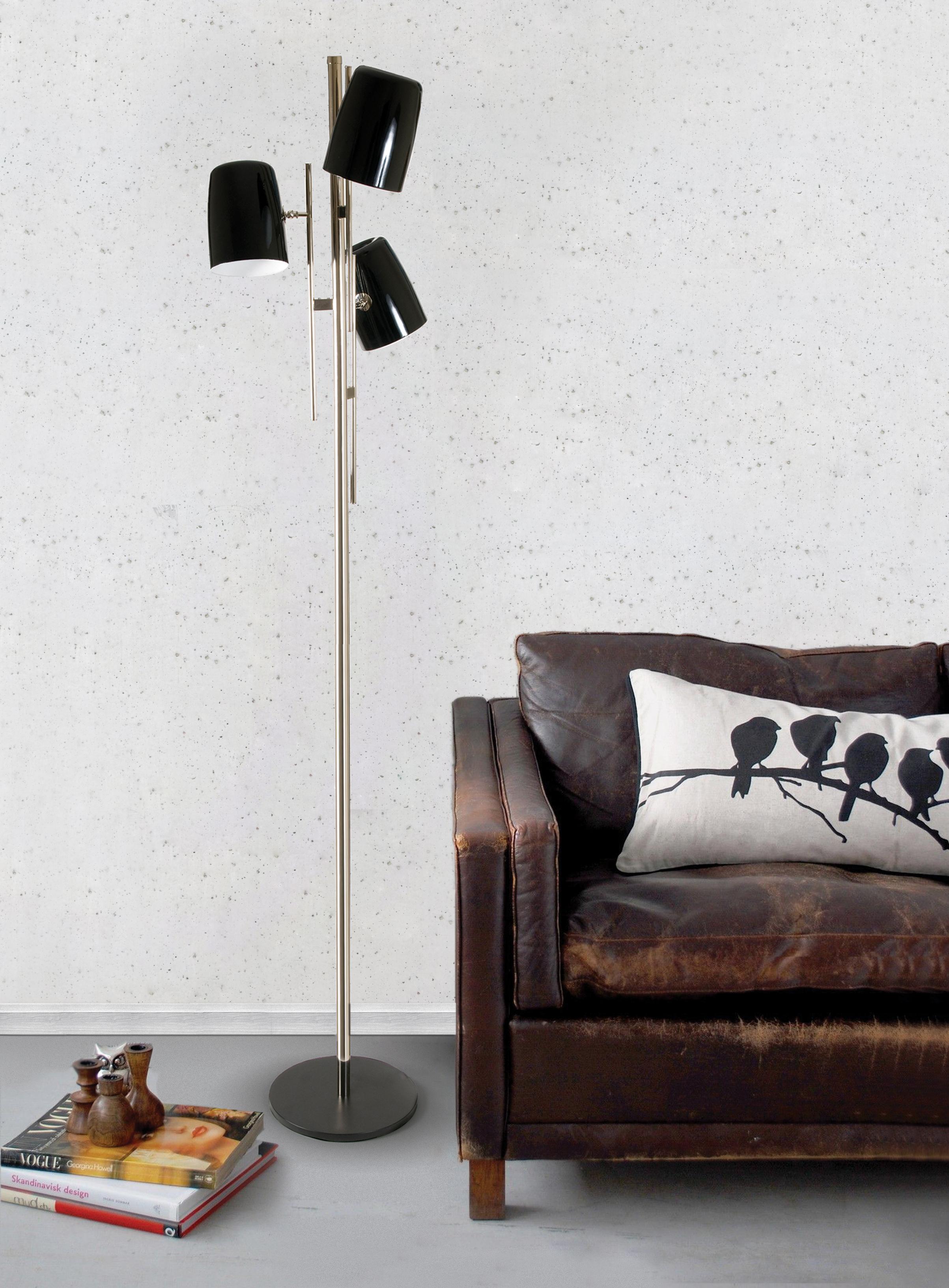 Contemporary Cole Floor Lamp in Silver with Black Shades For Sale