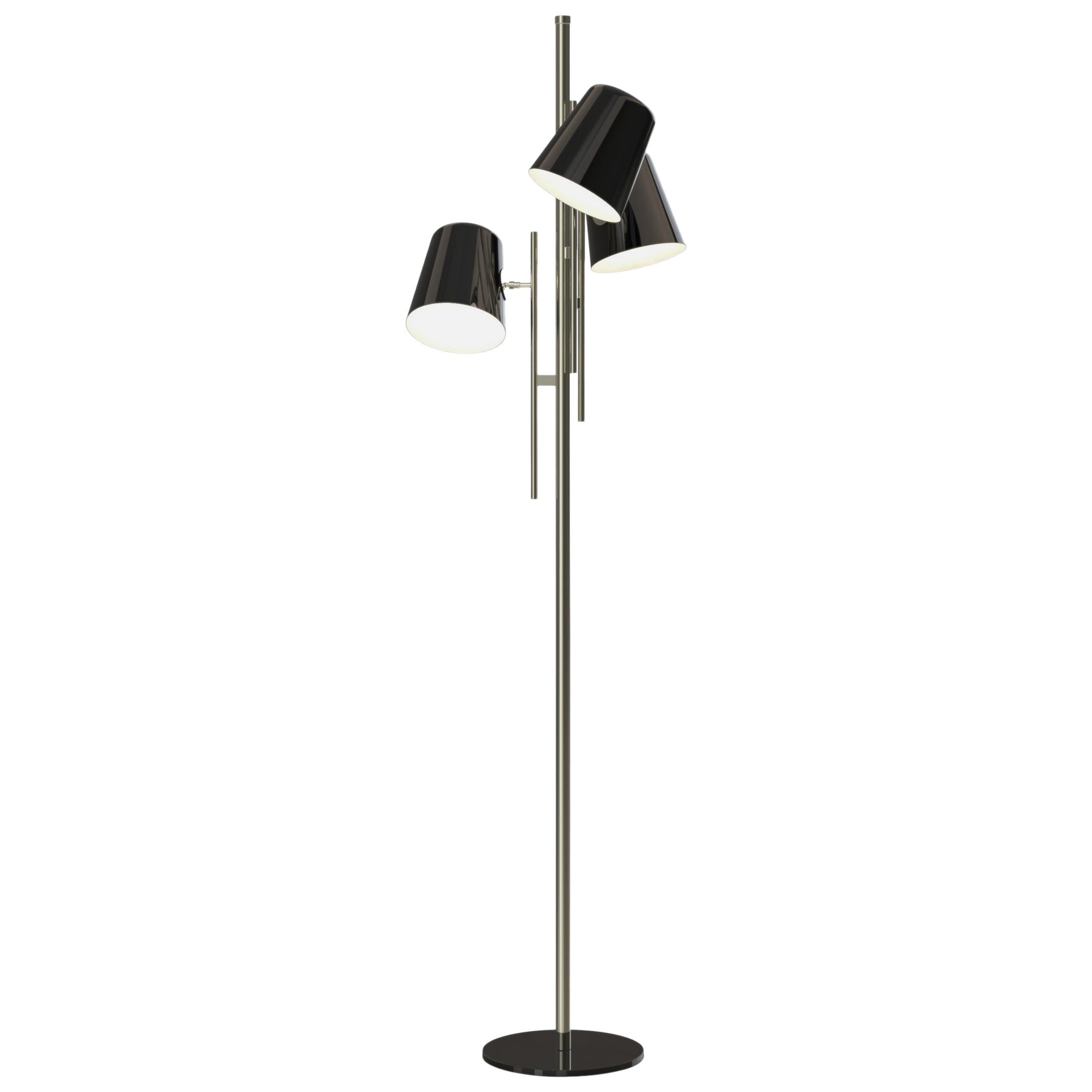 Cole Floor Lamp in Silver with Black Shades For Sale