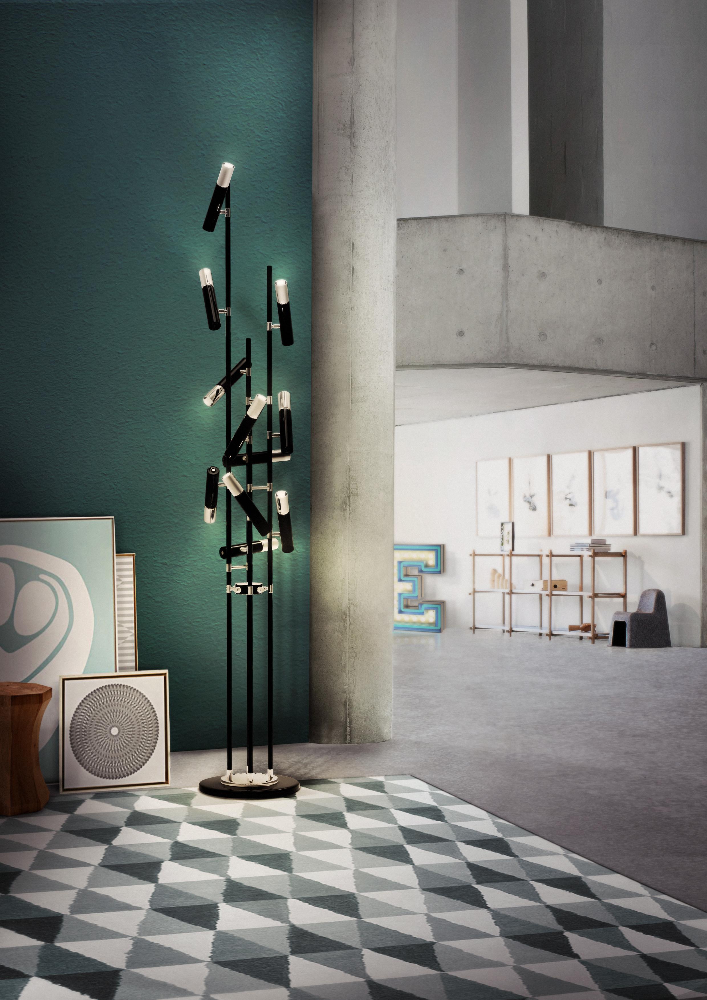 Aluminum Ike Floor Lamp in Black with Silver Detail For Sale