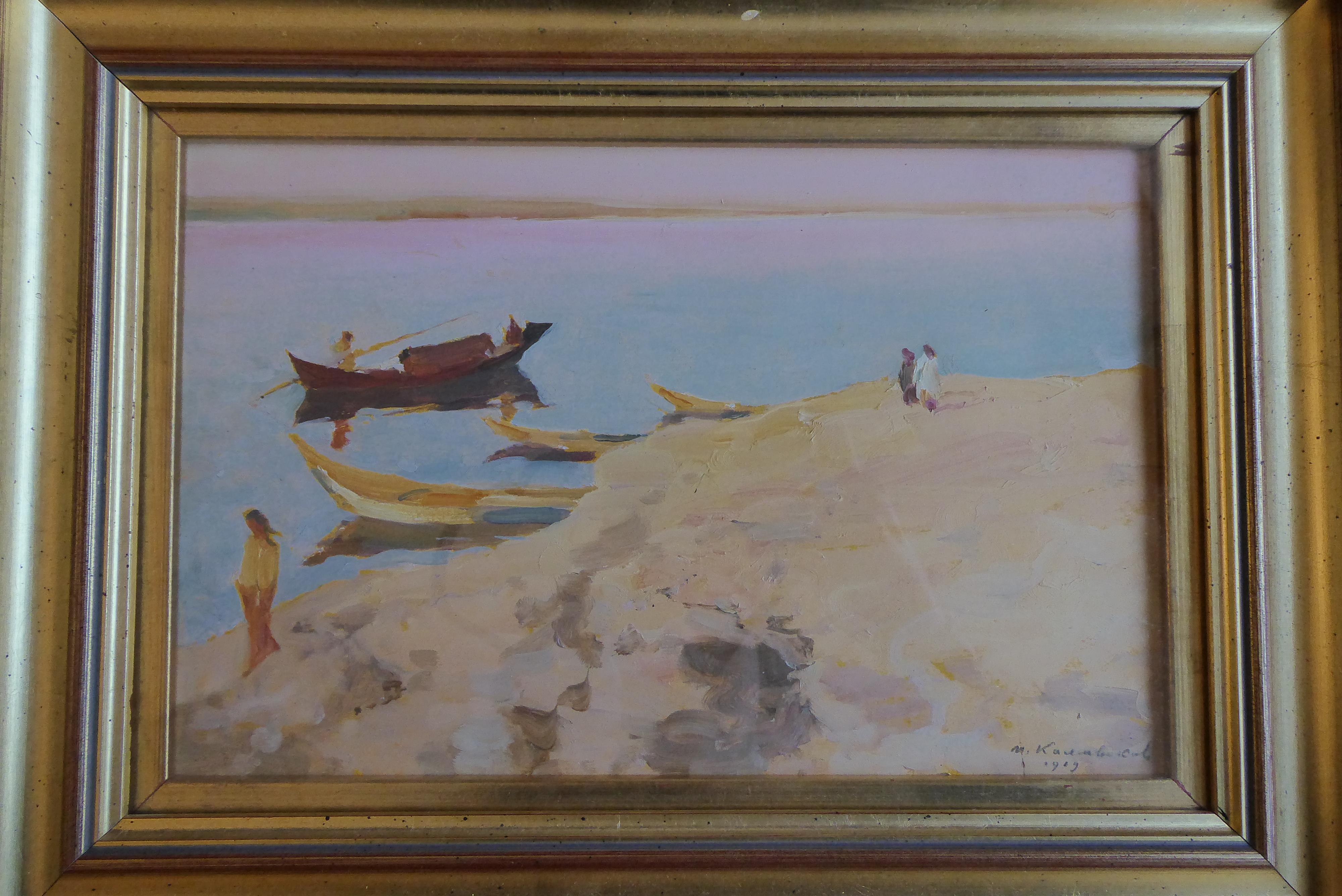 Midle eastern picture , Delightful subject matter  with craft off shore with oar In Good Condition For Sale In Perth, GB
