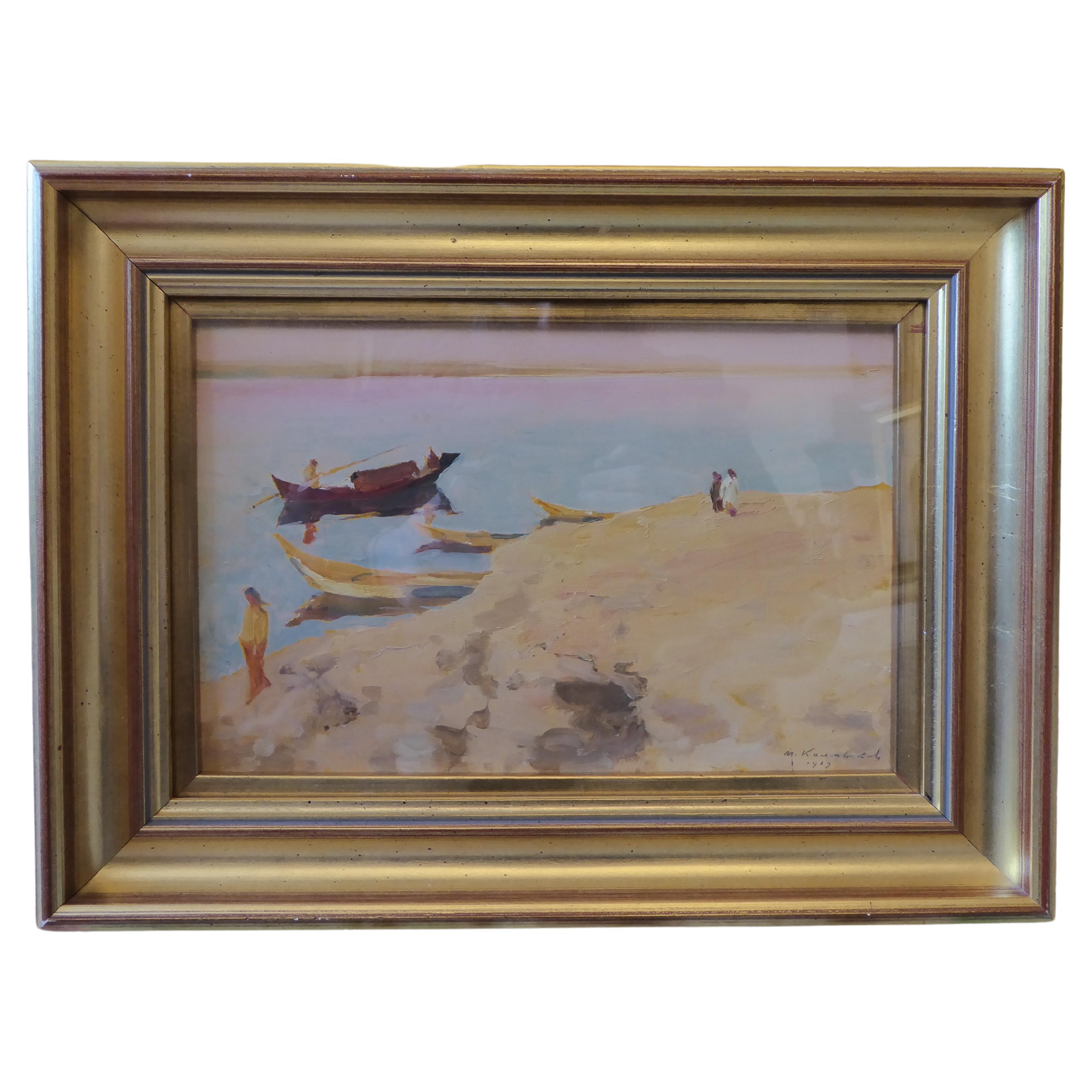 Midle eastern picture , Delightful subject matter  with craft off shore with oar For Sale