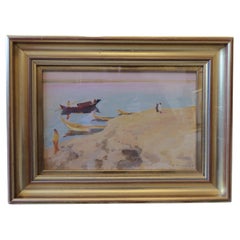 Vintage Midle eastern picture , Delightful subject matter  with craft off shore with oar