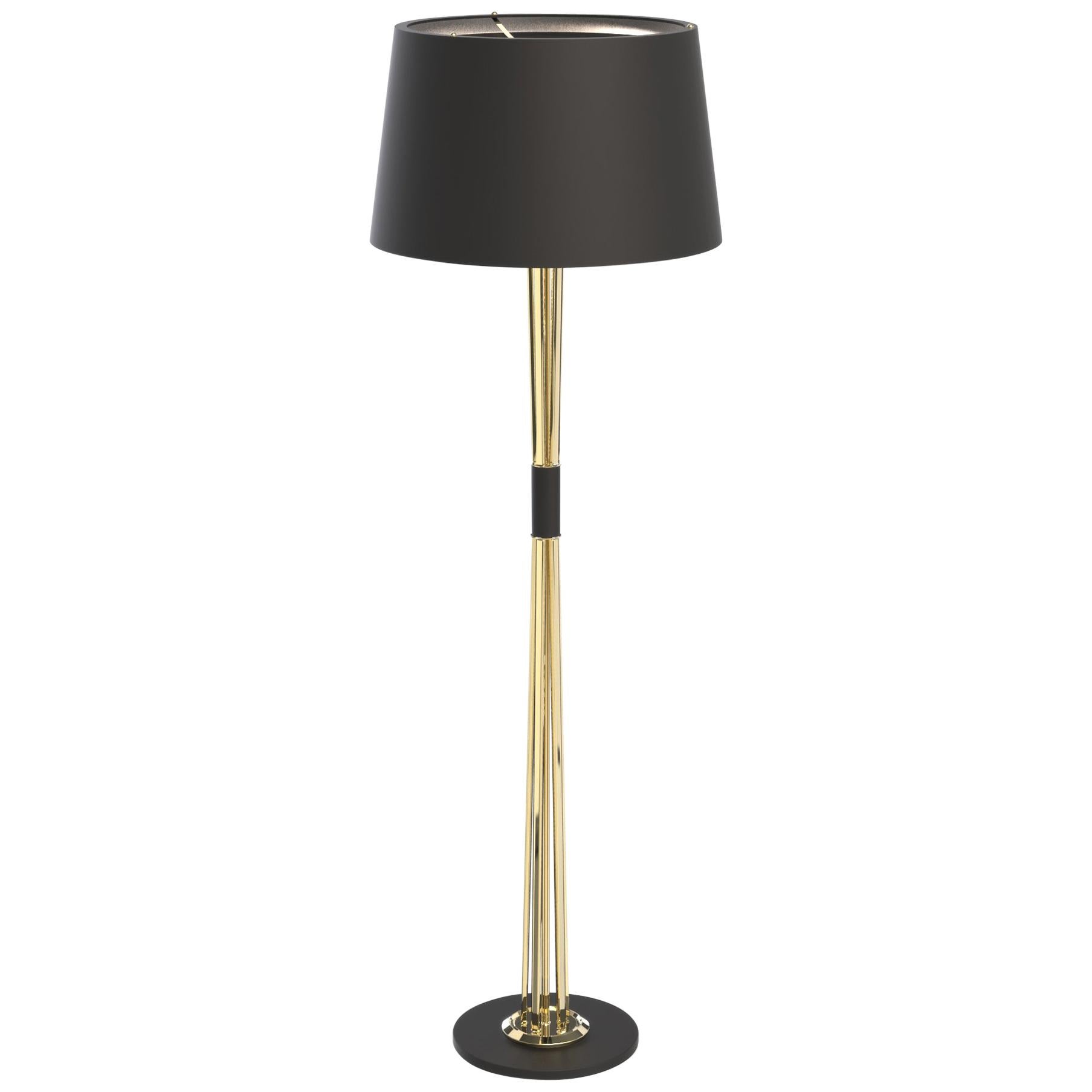 Miles Floor Lamp in Brass with Black Shade For Sale