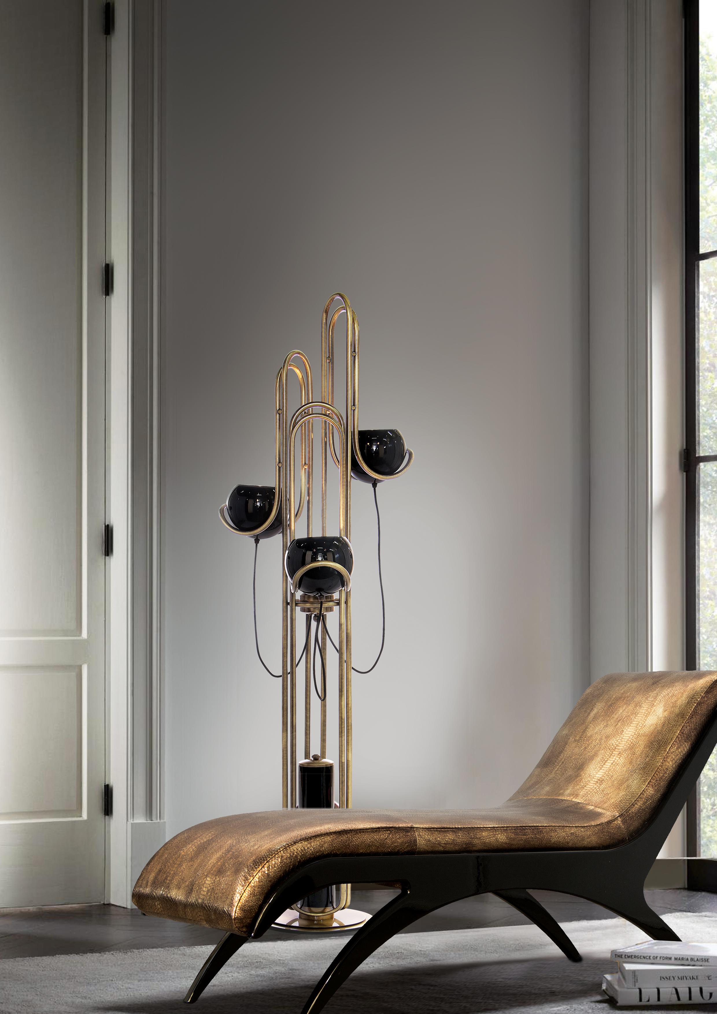 Contemporary Neil Floor Lamp in Copper with Black Globes For Sale