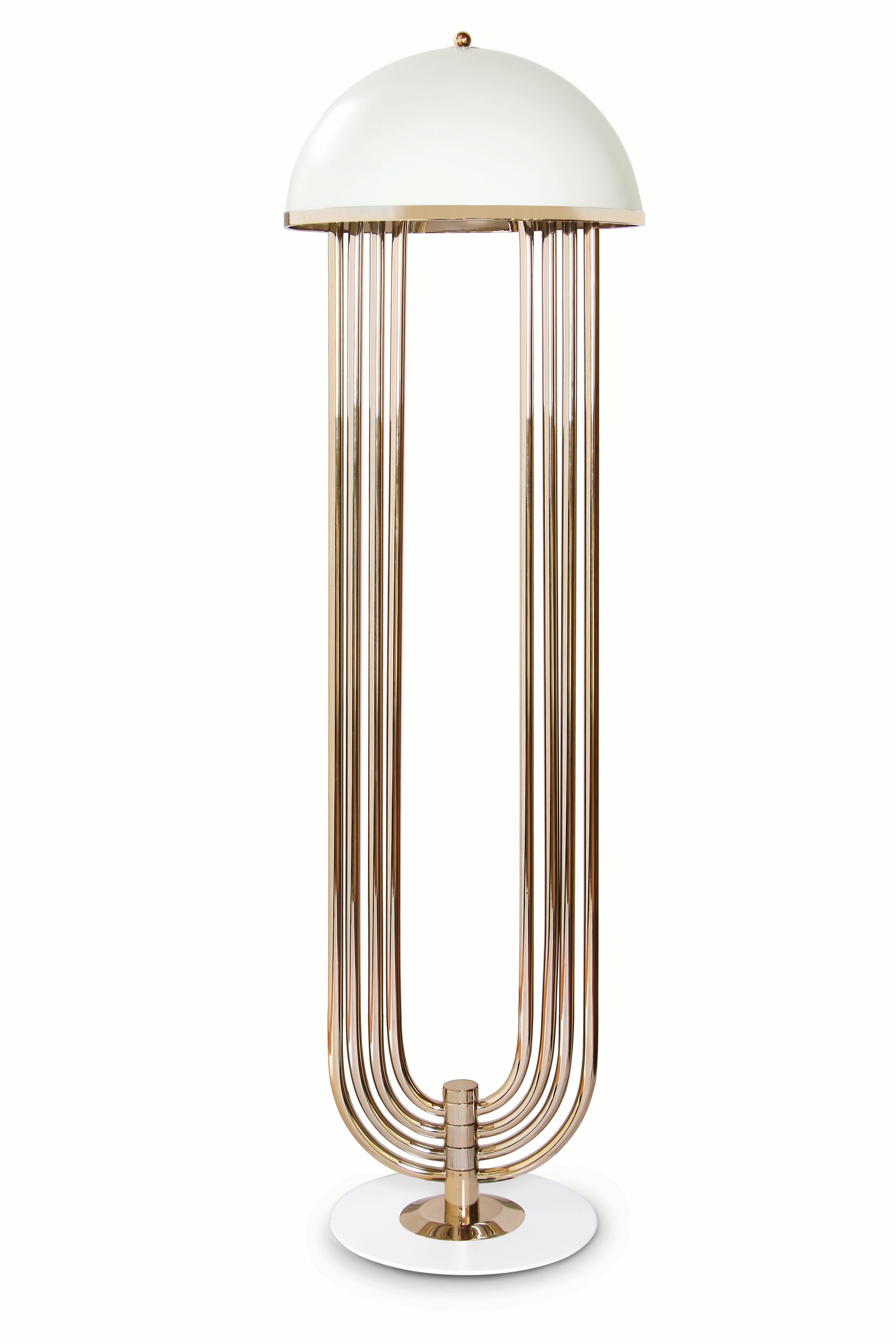 Turner floor lamp was inspired by Tina Turner’s electrifying dance moves. Ideal for any hotel design project, this Art Deco floor lamp will fit perfectly in a modern lobby entrance or next to a midcentury lounge chair. This midcentury floor lamp has