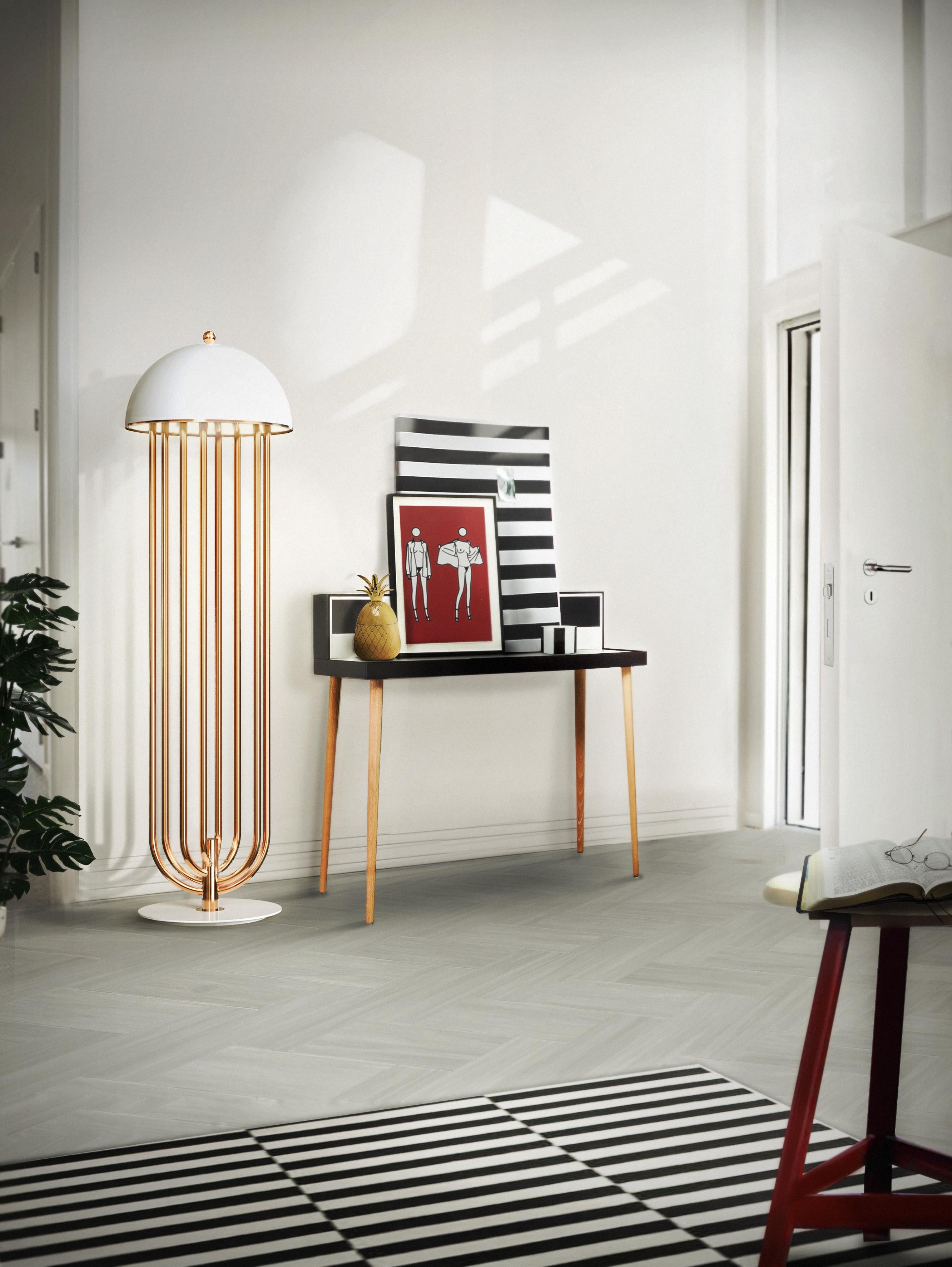 Contemporary Turner Floor Lamp in White with Copper Detail For Sale