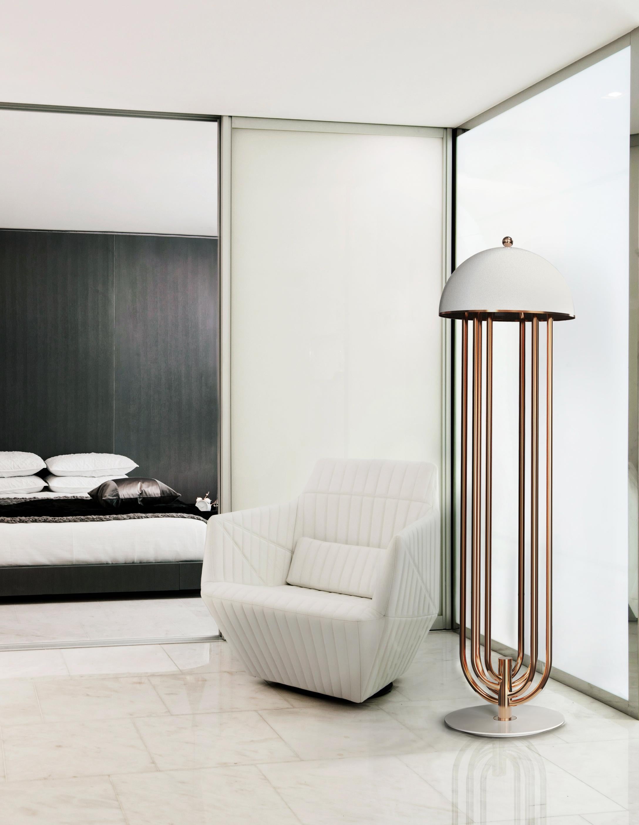 Aluminum Turner Floor Lamp in White with Copper Detail For Sale