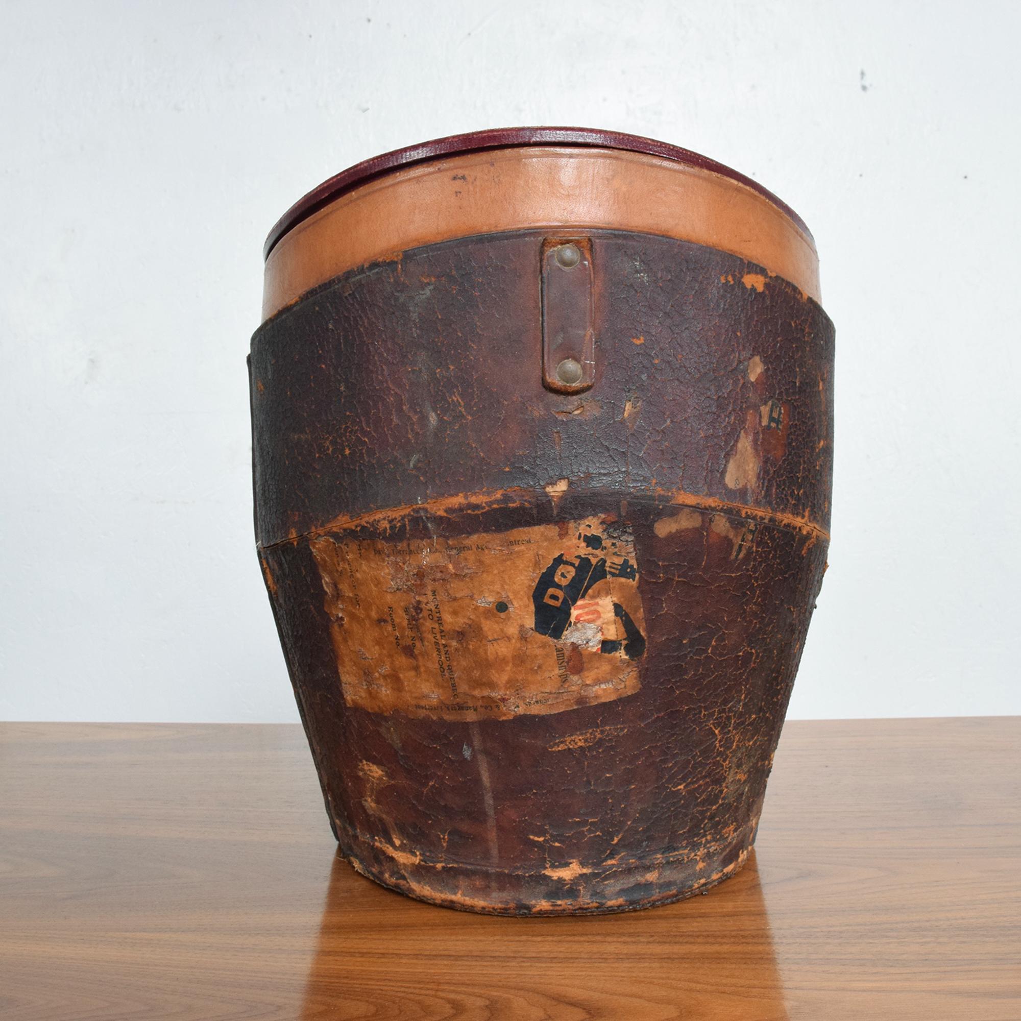 American Hat Box Antique Travel Round Train Case Distressed Leather and Red Silk 1800s