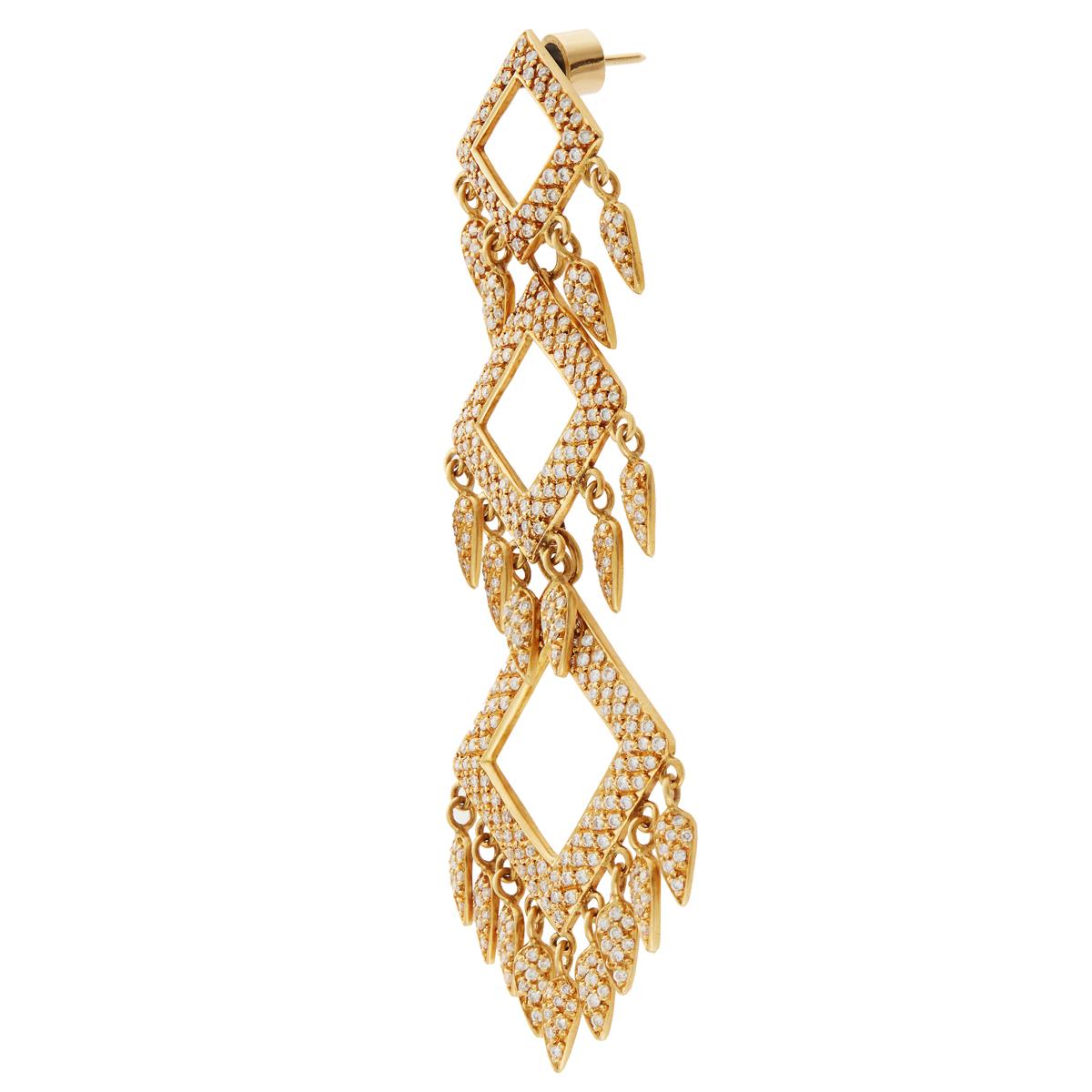 Handcrafted from 18k yellow gold these elegant statement earrings feature three Rhombus motifs, decorated with small leaf charms. The whole piece is pave-set with 3.8 carats of white diamonds. This piece was designed in 2002, part of Ileana's