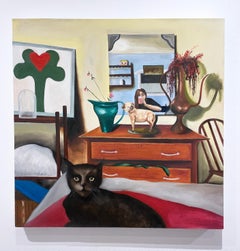 A Temporary Bed (2022), oil painting, figurative, interiors, portrait, black cat