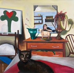 A Temporary Bed (2022), oil painting, figurative, interiors, portrait, black cat