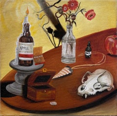 A Witch's Still Life (2022), oil painting on canvas, earth tones, skull, flowers