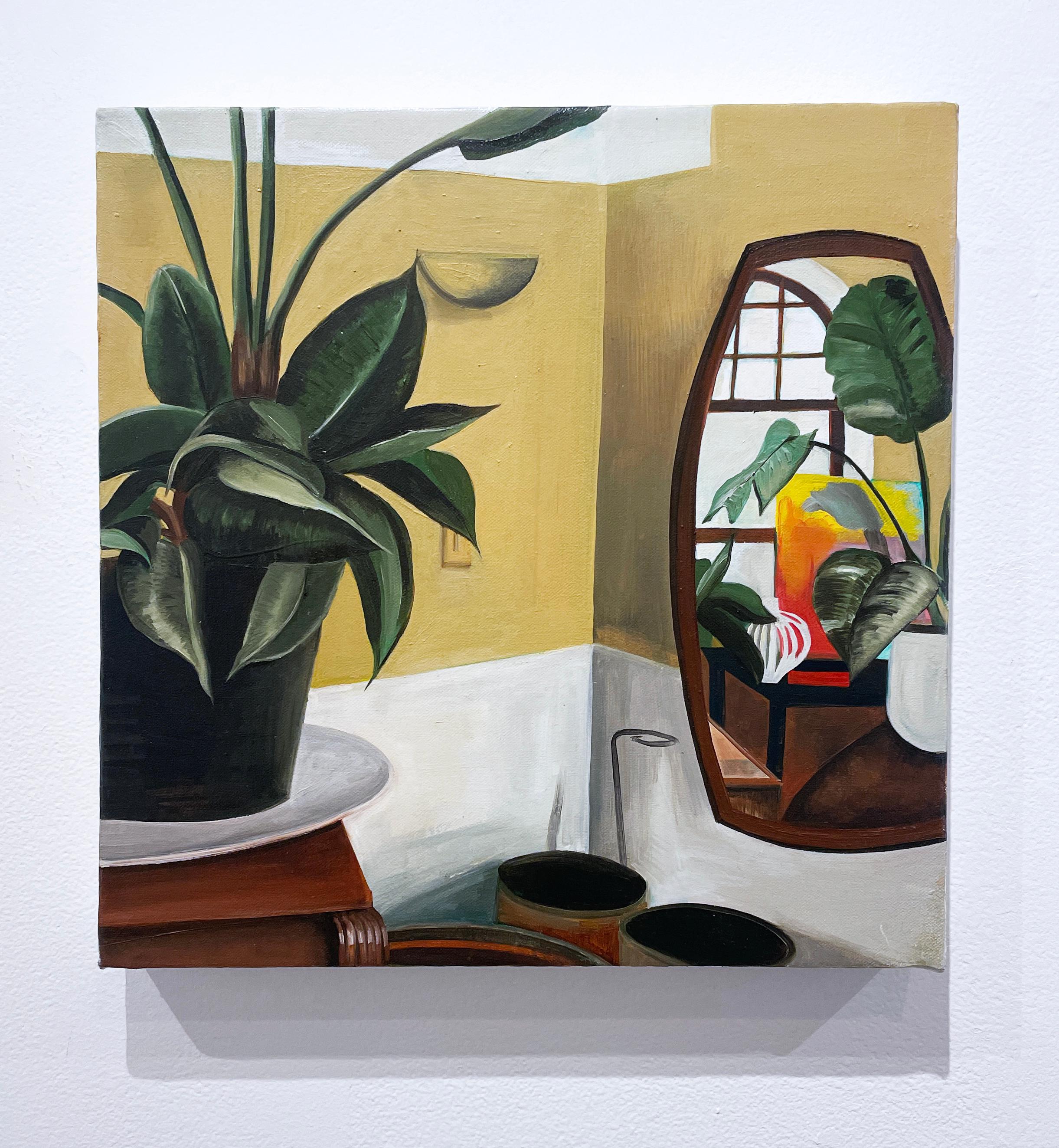 Dad's House (2022), oil painting, interiors, house plant, still life, yellow - Painting by Delilah Ray Miske