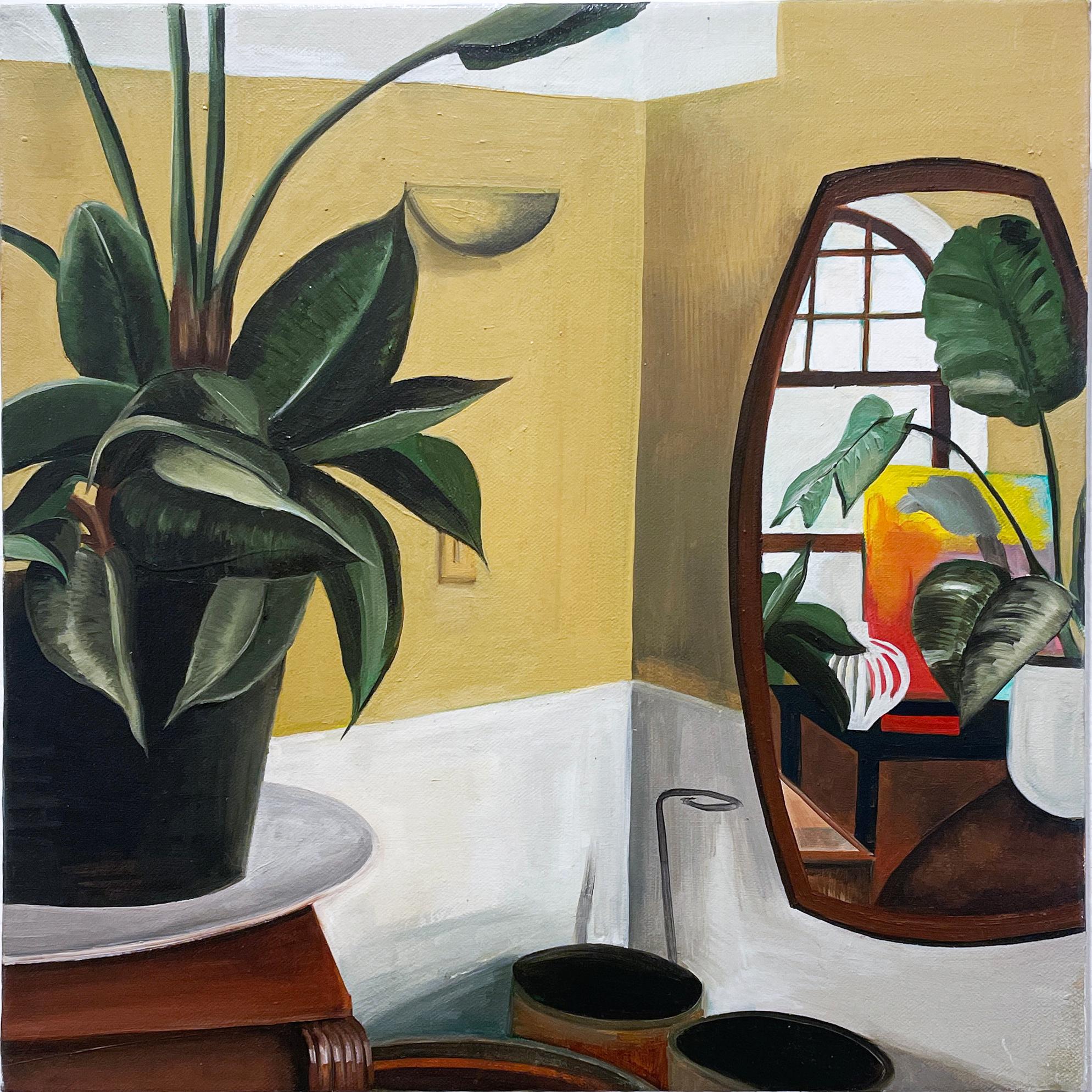 Delilah Ray Miske Still-Life Painting - Dad's House (2022), oil painting, interiors, house plant, still life, yellow