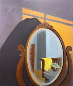 Portal du bureau (2022), peinture à l'huile, intérieurs, grande échelle, étude de la lumière, violet