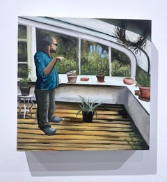 Green Room ( 2022), Öl auf Leinwand, Erdtöne, Gewächshäuserpflanzen, Interieur