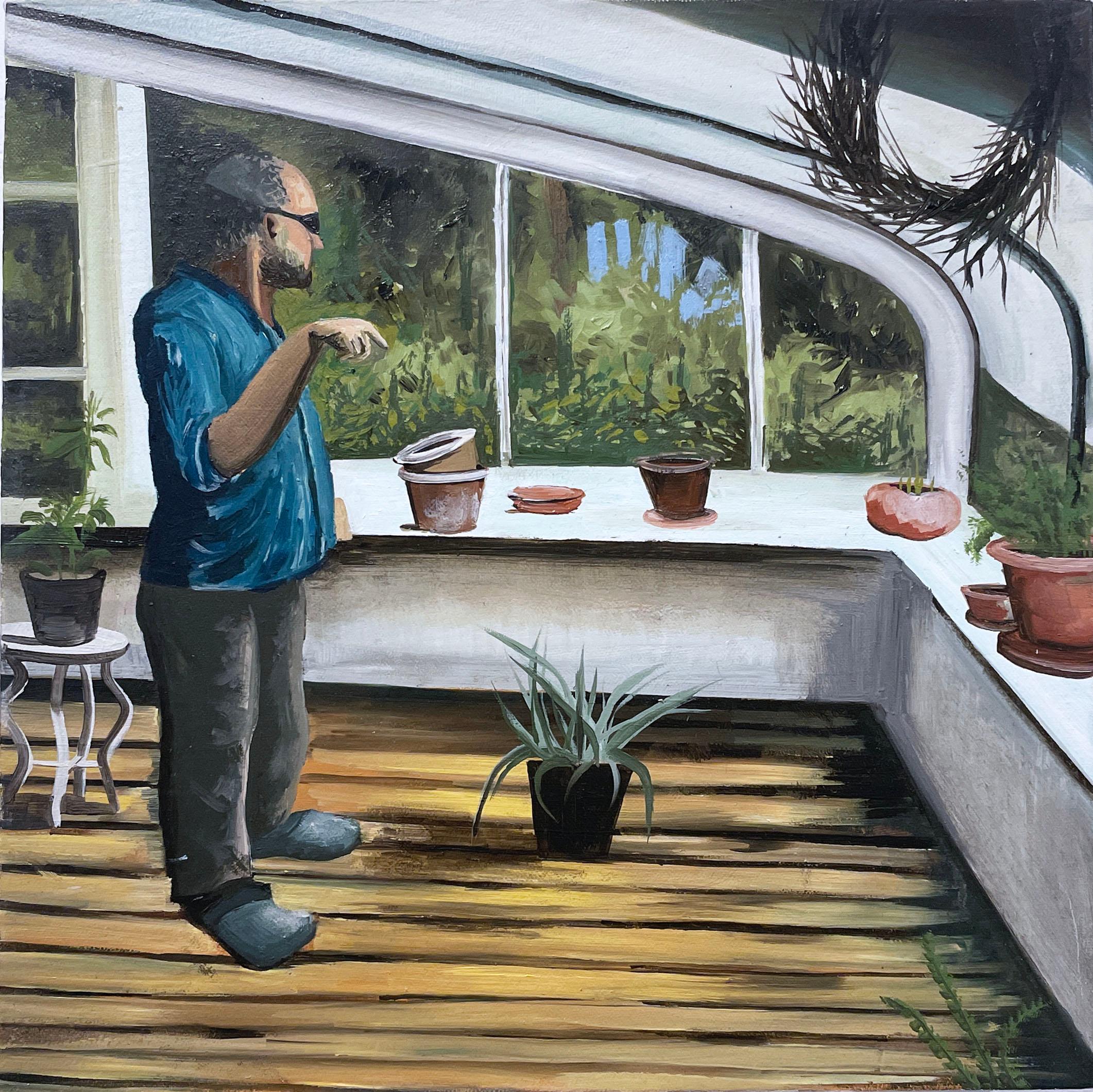 Green Room (2022), oil painting on canvas, earth tones, interiors, greenhouse, windows, human figure, potted plants, wooden floor

