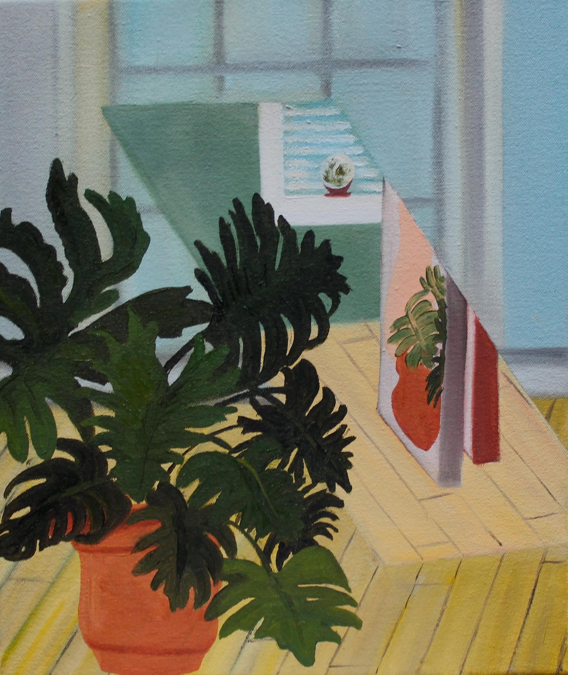 Pflanzgefäß mit Spiegel, 2018, Stillleben, Interieur, Gemälde in Öl auf Leinwand, Pastell