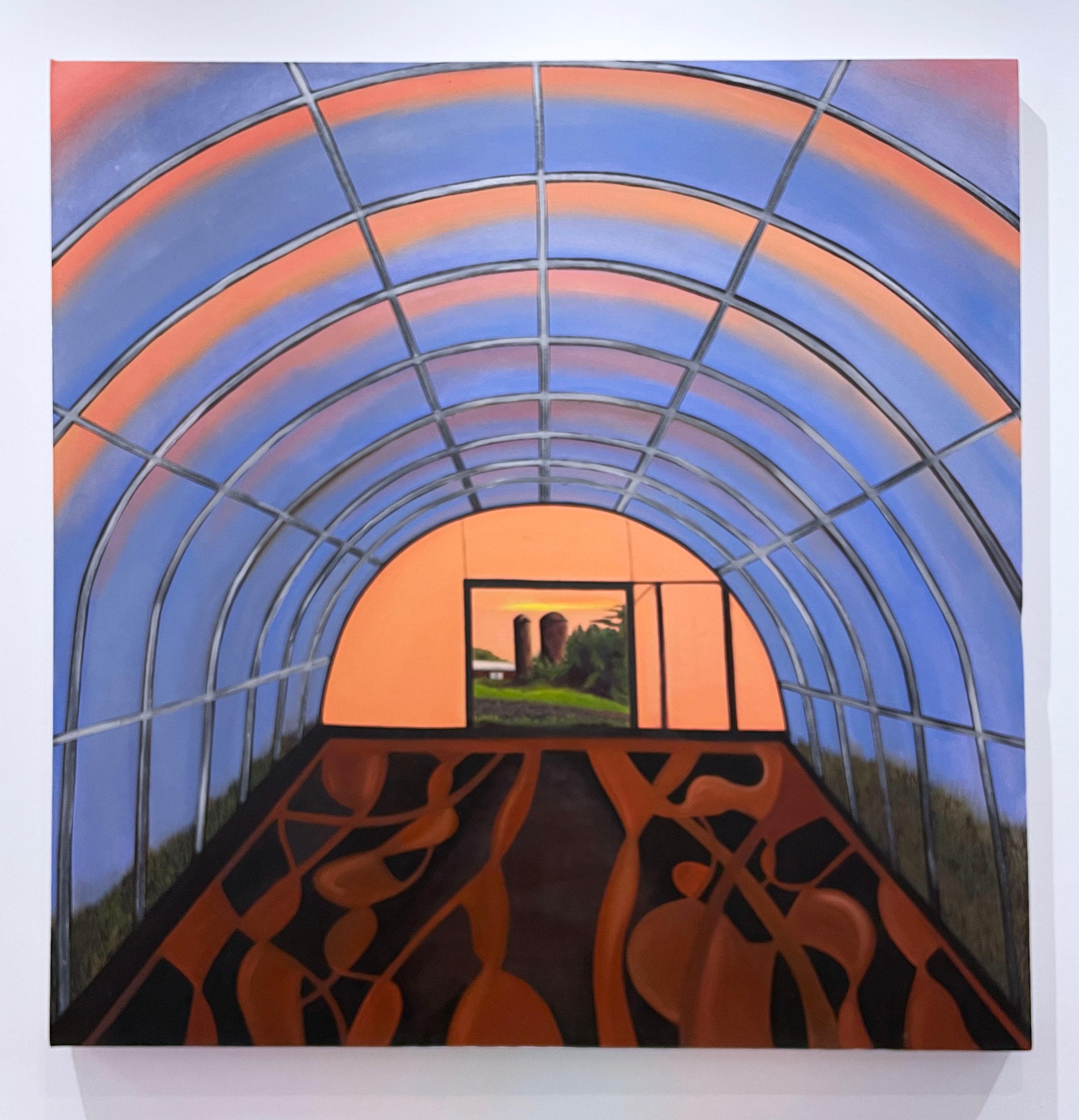 Sunrise Tunnel (2022), oil on canvas, earth tones, greenhouse, farm landscape - Painting by Delilah Ray Miske