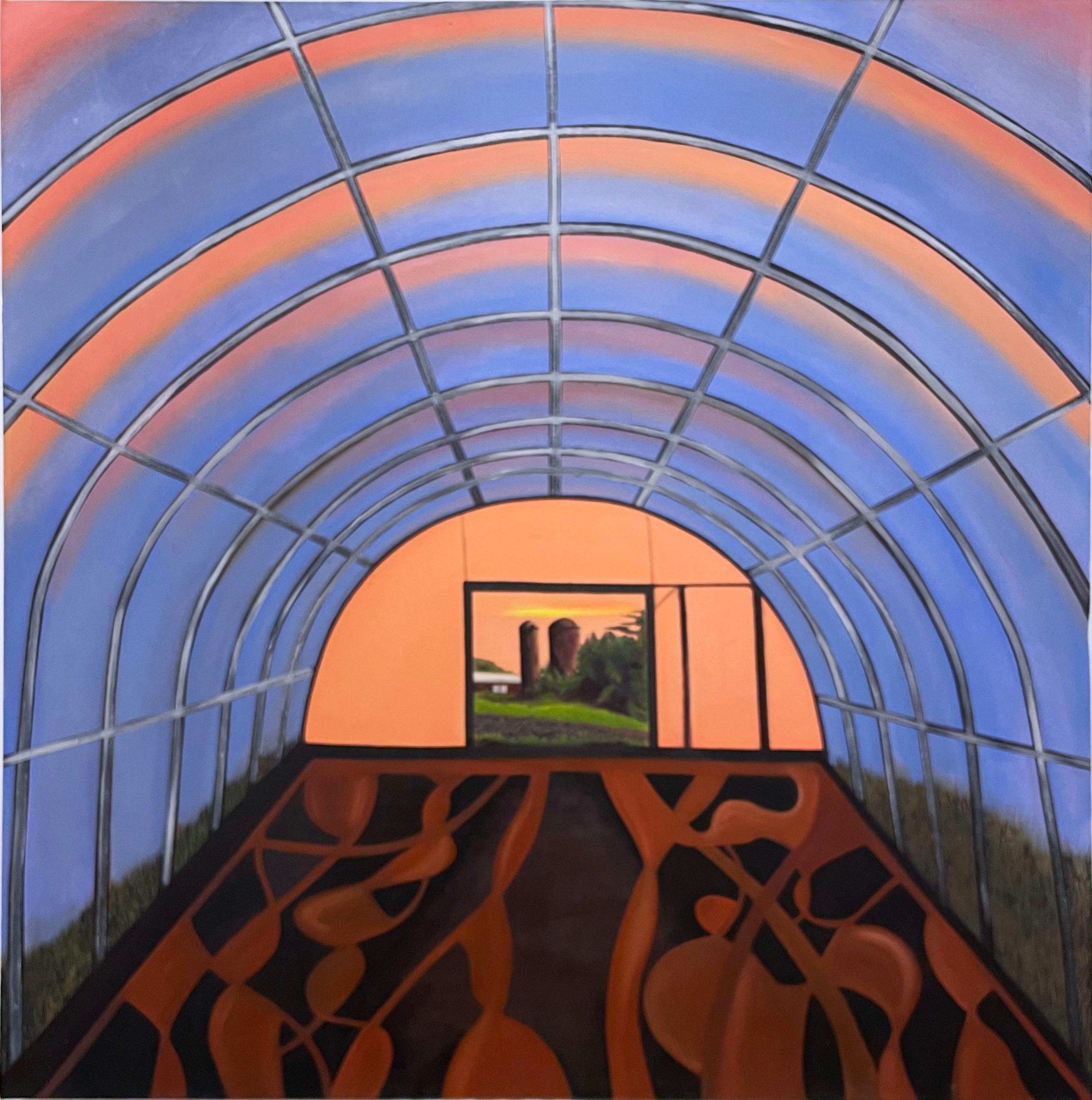 Delilah Ray Miske Figurative Painting - Sunrise Tunnel (2022), oil on canvas, earth tones, greenhouse, farm landscape