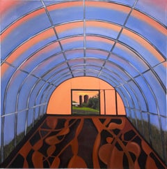 Sunrise Tunnel (2022), Öl auf Leinwand, Erdtöne, Gewächshaus, Bauernlandschaft
