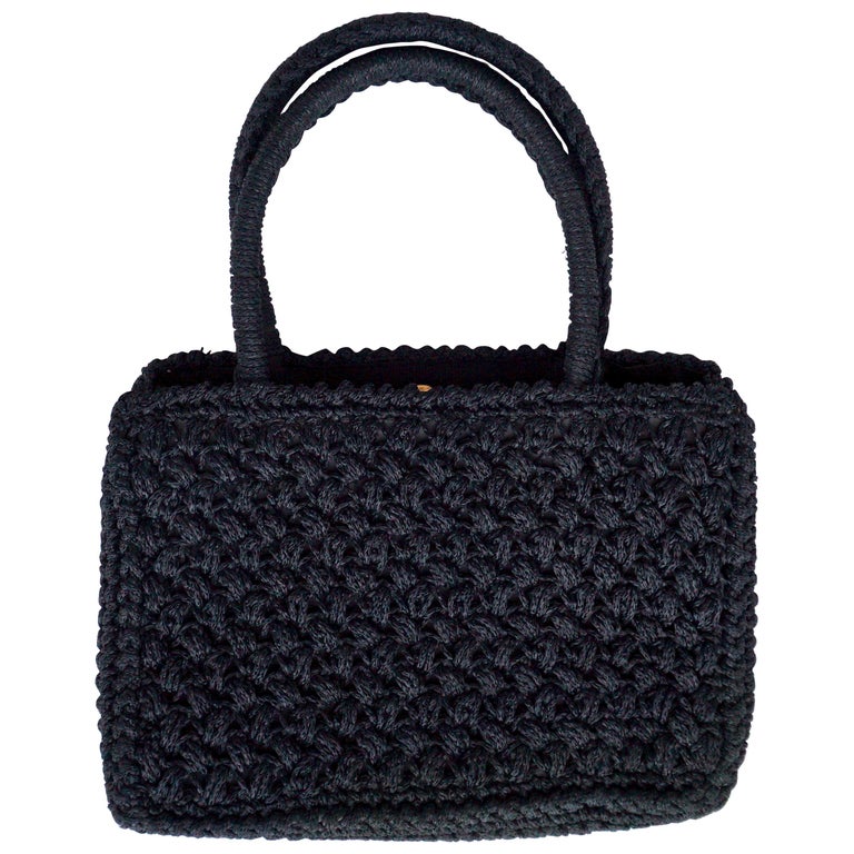 Delill Black Woven Raffia Handbag, with a Gold Tone Clasp, Made in ...