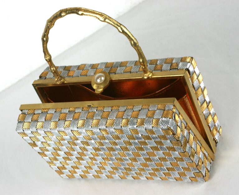 1960s White and Gold Box Handbag by Delill Make up Bag 