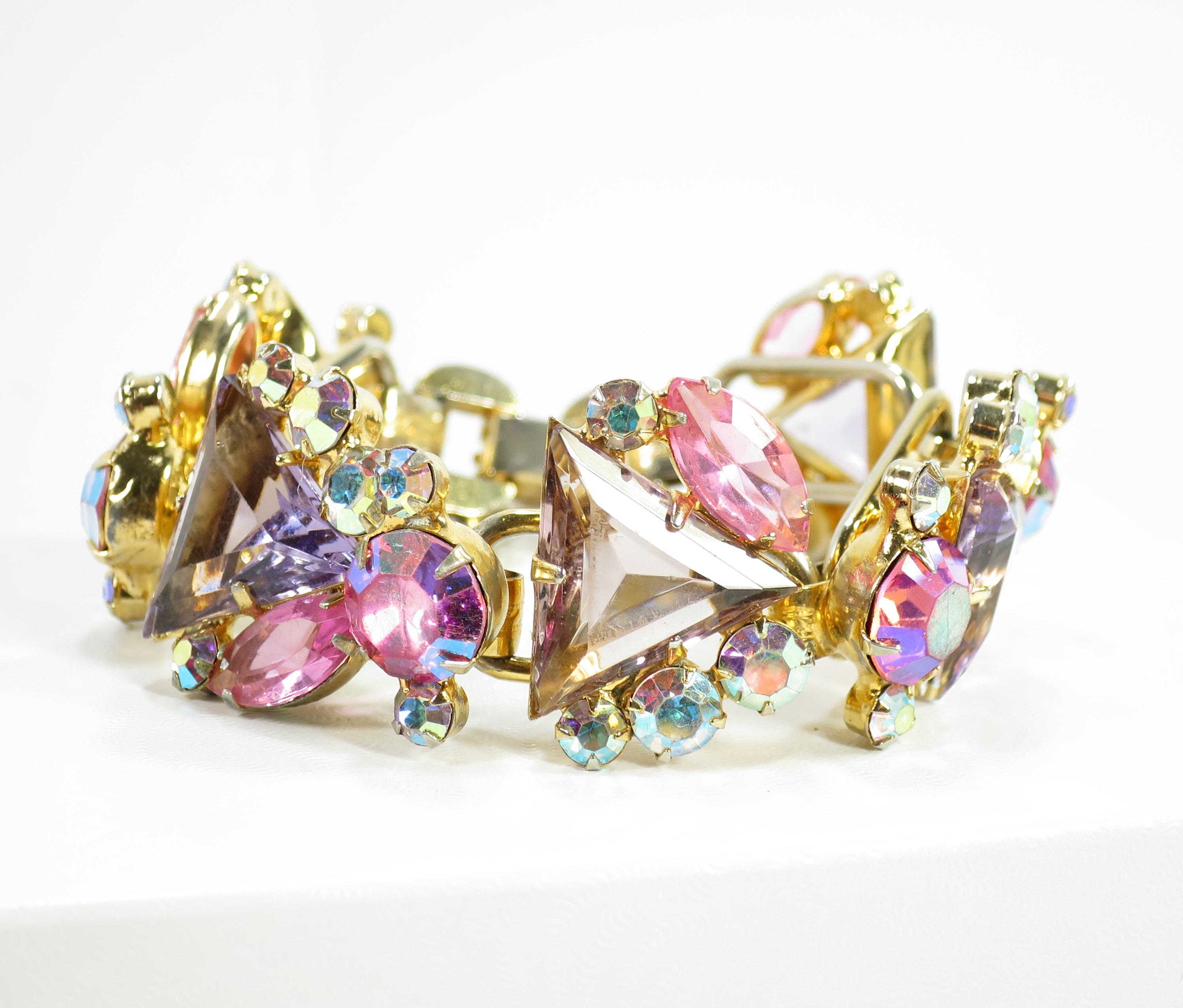 DeLizza & Elster Juliana Lilac & Pink Crystal Link Bracelet, 1960s For Sale 6