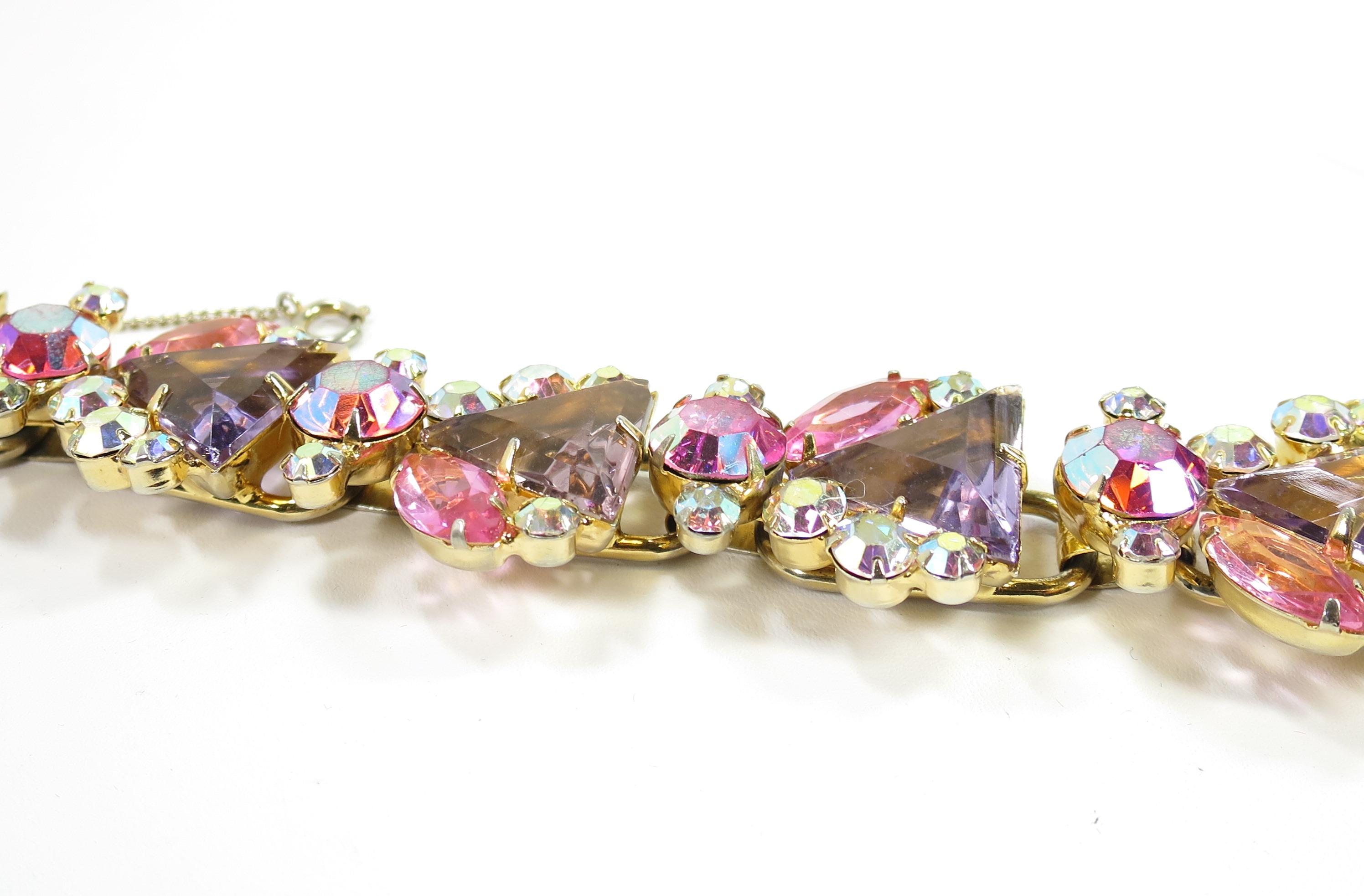 DeLizza & Elster Juliana Lilac & Pink Crystal Link Bracelet, 1960s In Good Condition For Sale In Burbank, CA