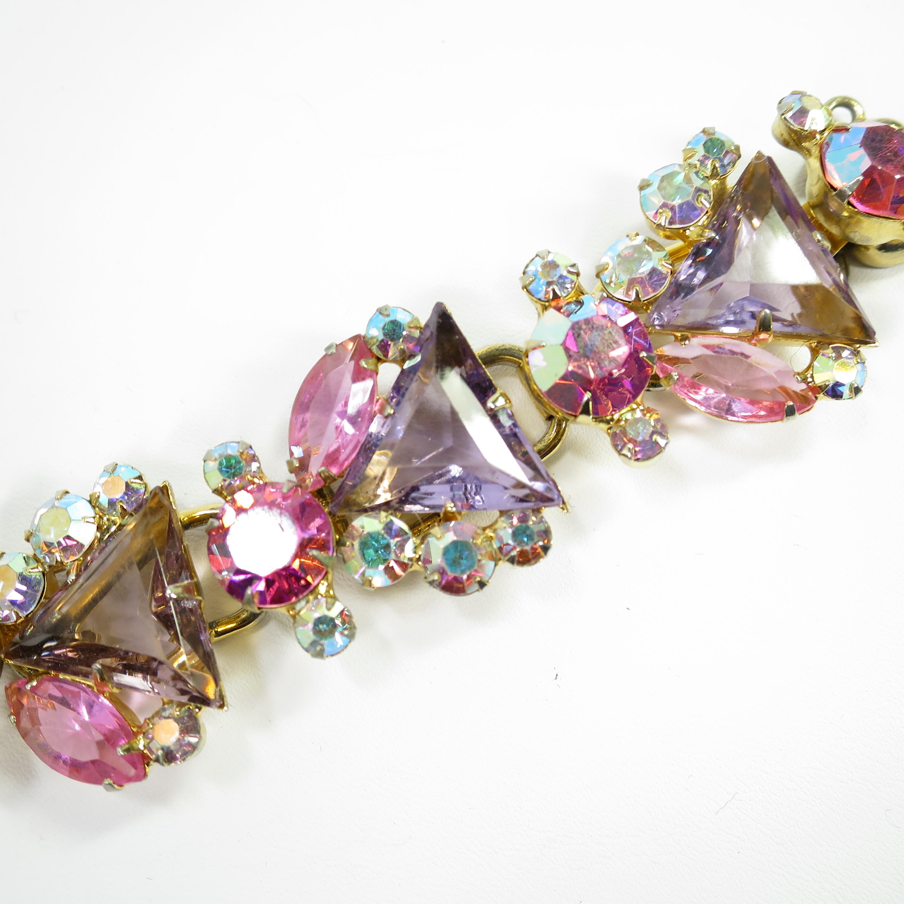 Women's DeLizza & Elster Juliana Lilac & Pink Crystal Link Bracelet, 1960s For Sale