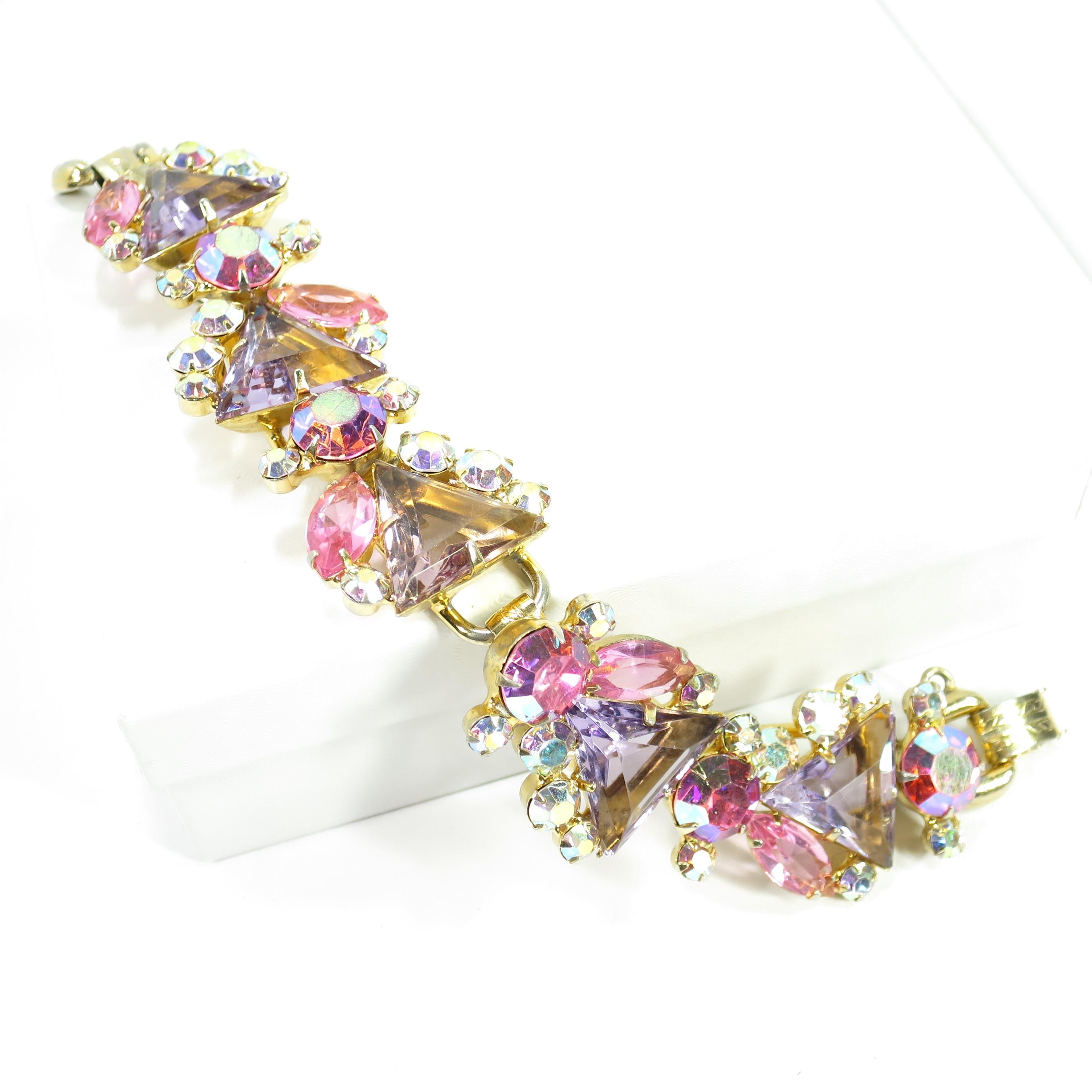 DeLizza & Elster Juliana Lilac & Pink Crystal Link Bracelet, 1960s For Sale 4