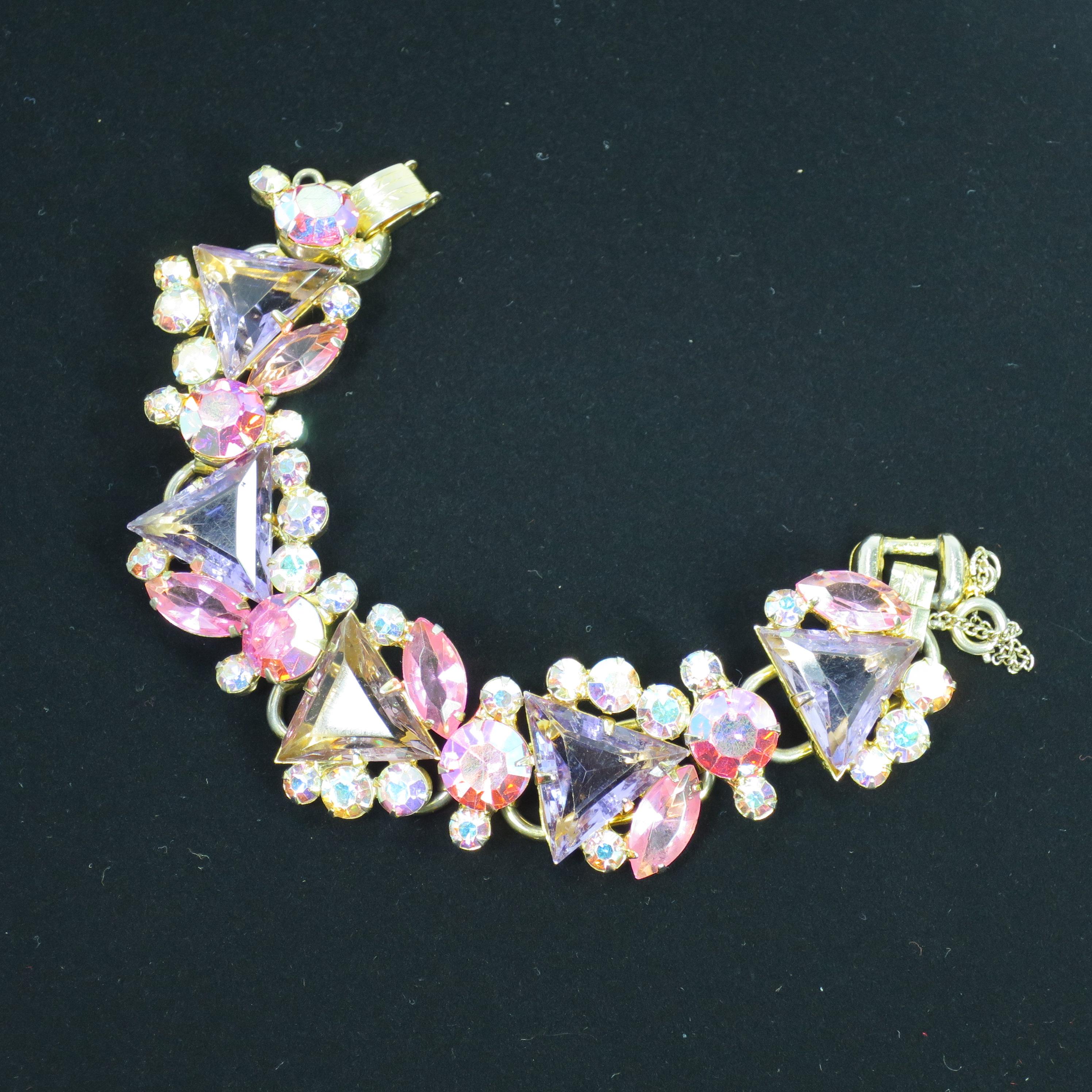 DeLizza & Elster Juliana Lilac & Pink Crystal Link Bracelet, 1960s For Sale 5