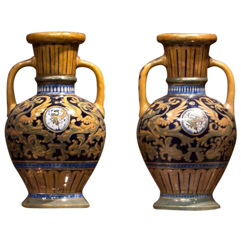 Della Robbia Italian Colored Majolica Pair of Vases at 1stDibs