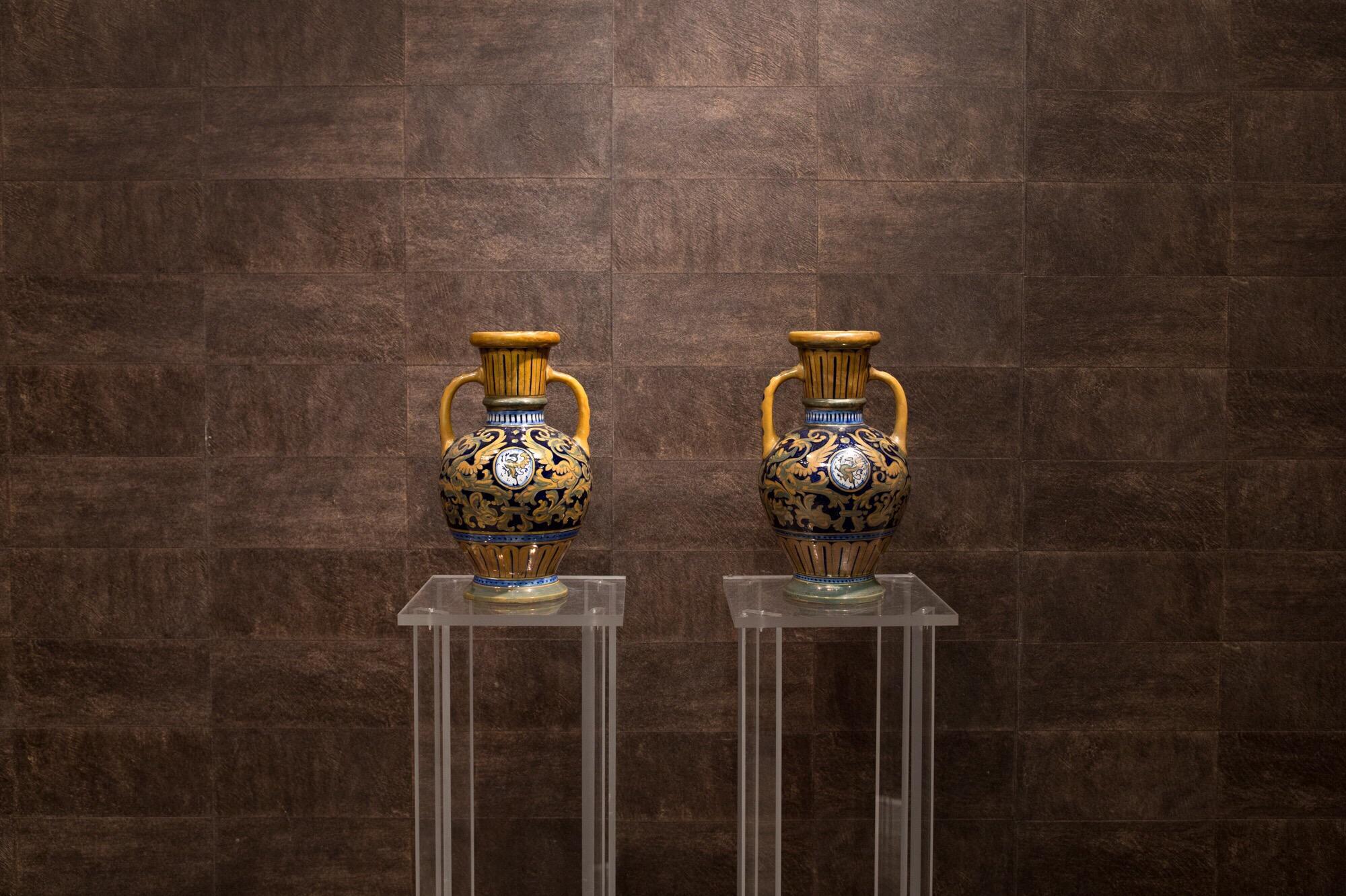 Renaissance Revival Della Robbia Italian Colored Majolica Pair of Vases