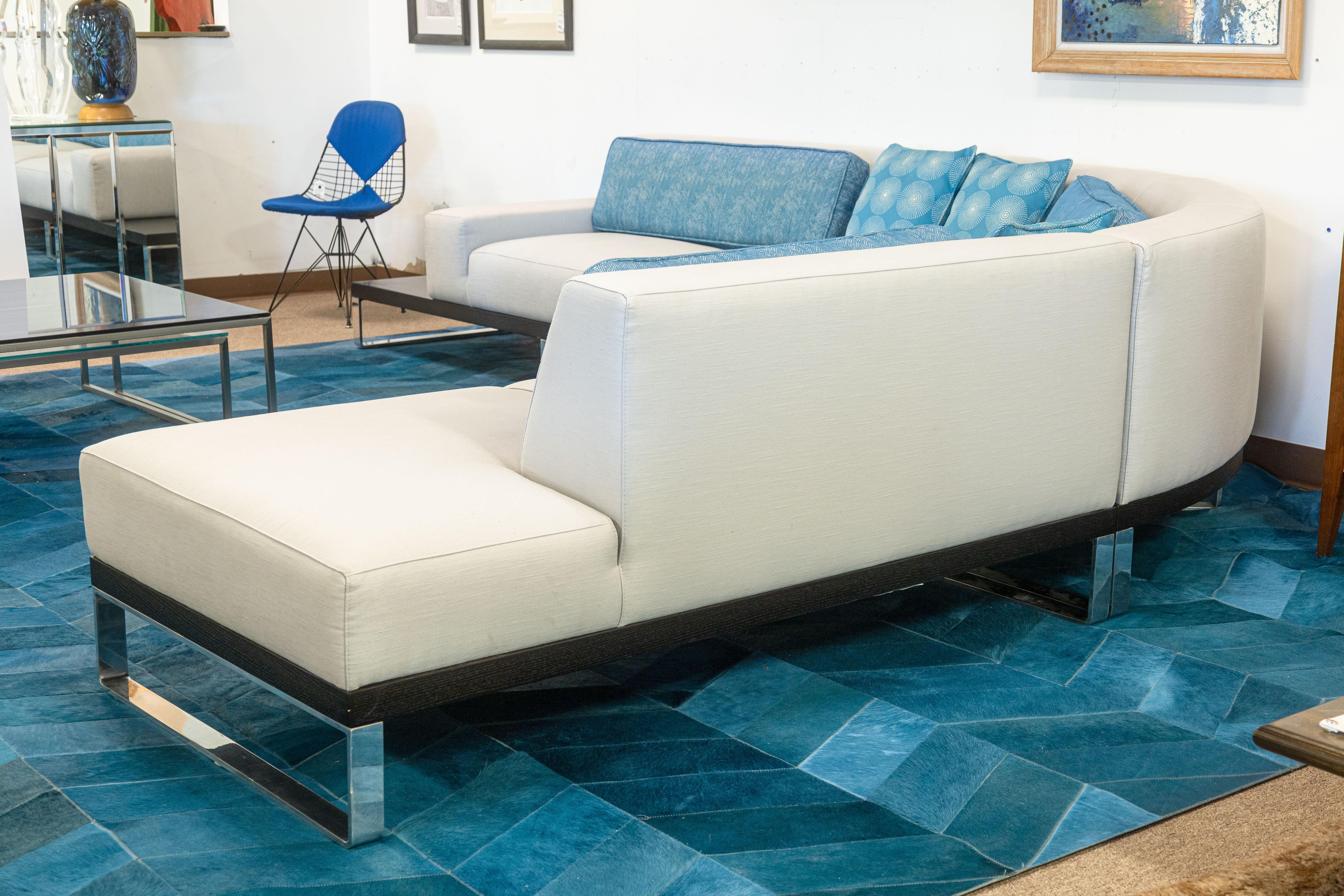 Fabric Della Robbia Sodeo Contemporary Modern 3 Piece Chrome & Wood Grey Sectional Sofa For Sale