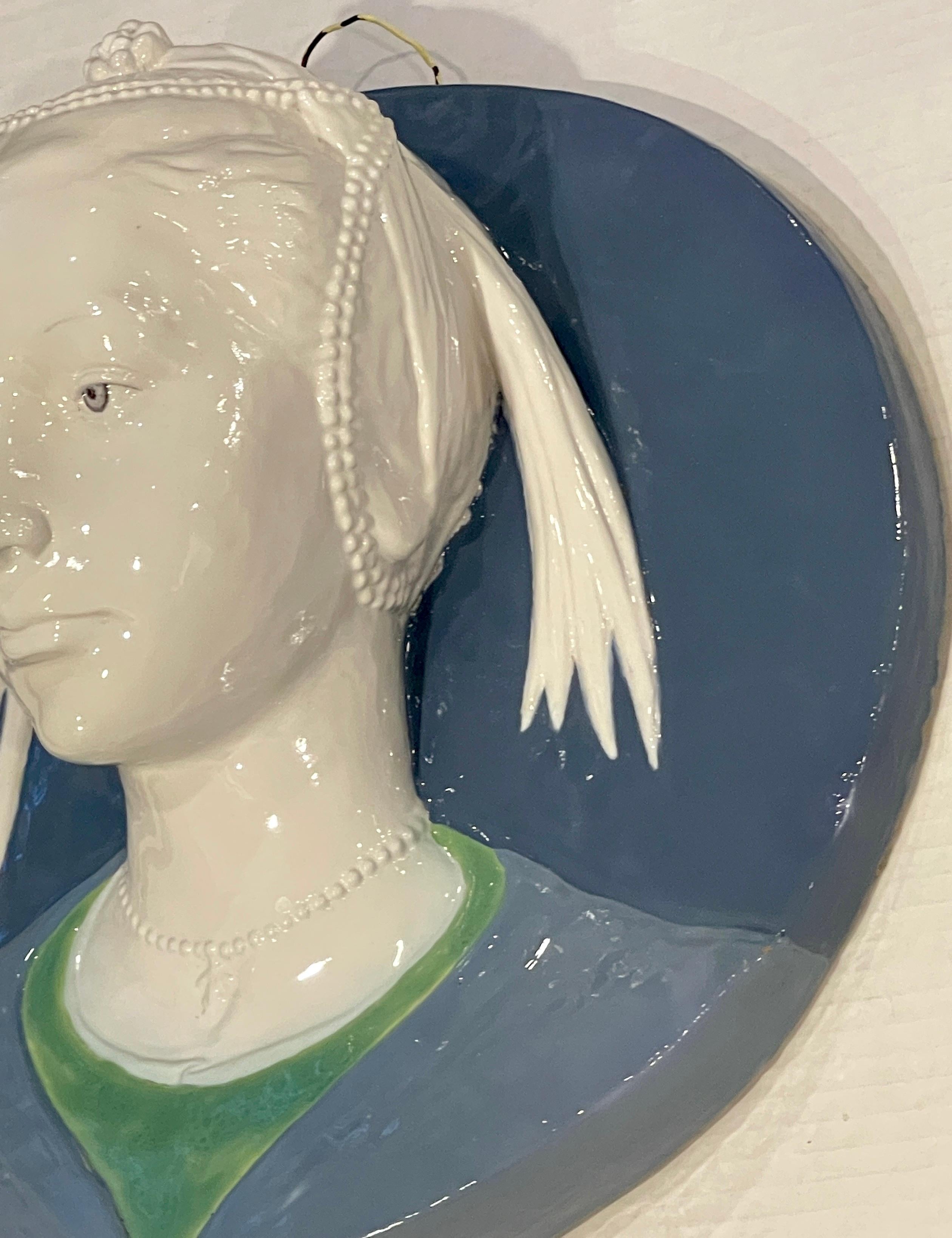 Baroque Della Robbia Style Sculpted Portrait Plaque of Jeweled Maiden, by Cantagalli For Sale