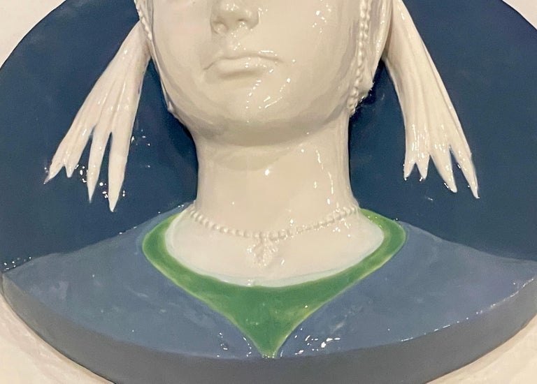 Pottery Della Robbia Style Sculpted Portrait Plaque of Jeweled Maiden, by Cantagalli For Sale