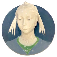 Antique Della Robbia Style Sculpted Portrait Plaque of Jeweled Maiden, by Cantagalli