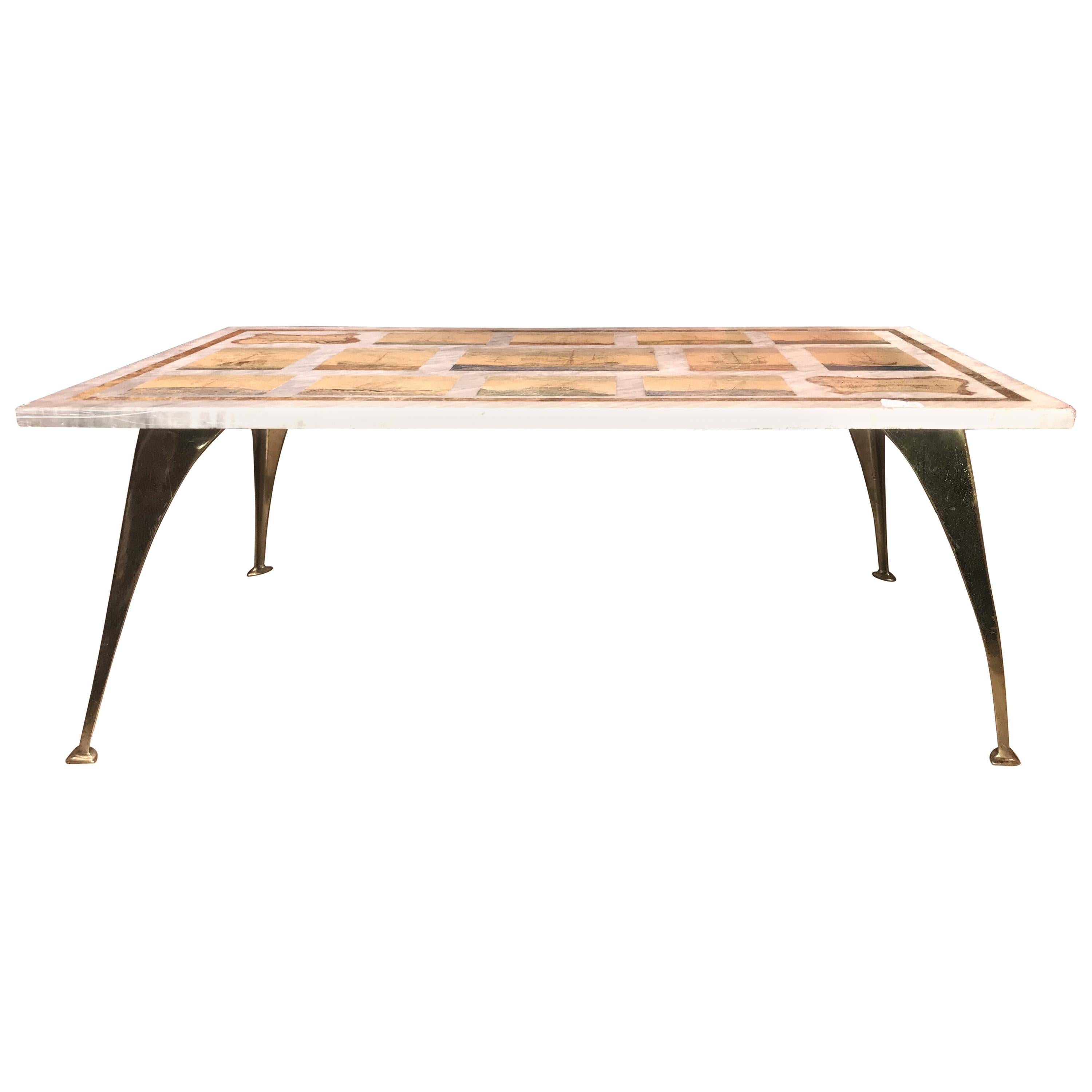 Della Valle Bros Italian Marble Top Mariner Coffee Table with Later Brass Base