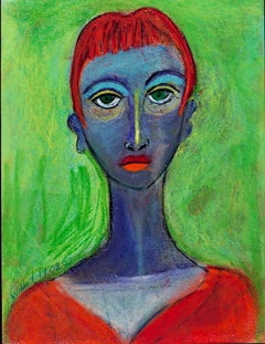 "Blue Gal, " Original Pastel Portrait Drawing signed by Della Wells