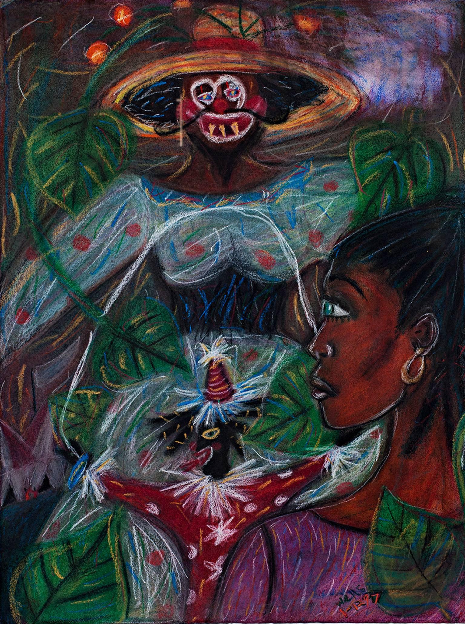 "Circus Dreams...Muted Screams" is an original pastel drawing by Della Wells. The artist signed and dated the piece in the lower right. This piece depicts a woman walking past dark, plant-covered clowns. 

30" x 22 1/4" art
39" x 31 1/2"