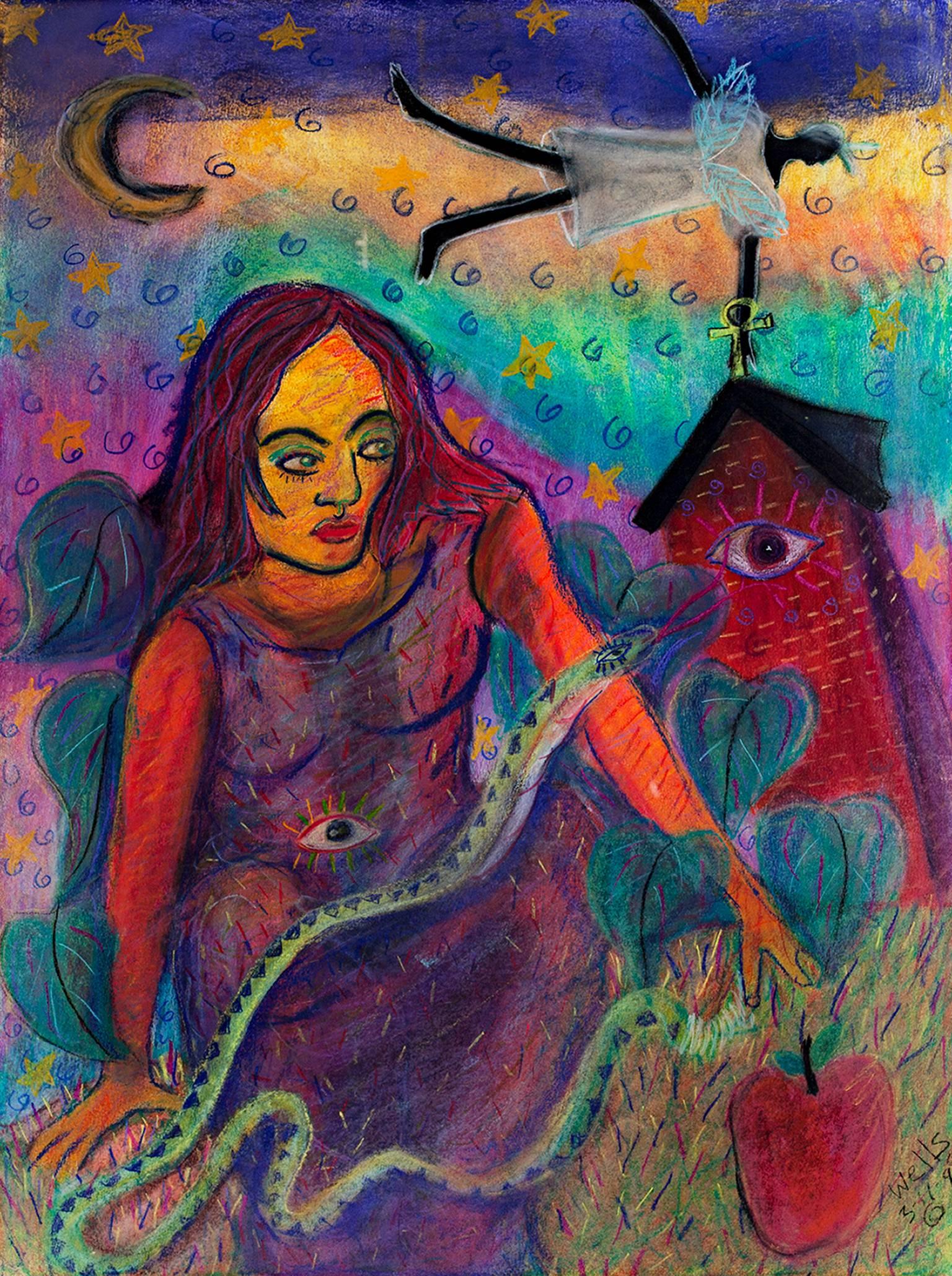 "Spiritual Bounds" ist eine Original-Pastellzeichnung auf Papier von Della Wells. Der Künstler hat das Werk unten rechts signiert. Dieses Werk zeigt eine Frau, die eine Schlange um ihren Arm gewickelt hat, während sie nach einem Apfel greift. Die