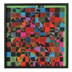 Geometric Abstract Painting with Squares, Acrylic Painting, Circa 1970s