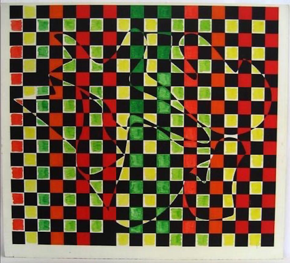 Dellard Cassity Abstract Painting - Red-Yellow-Green Grid 1970s Acrylic