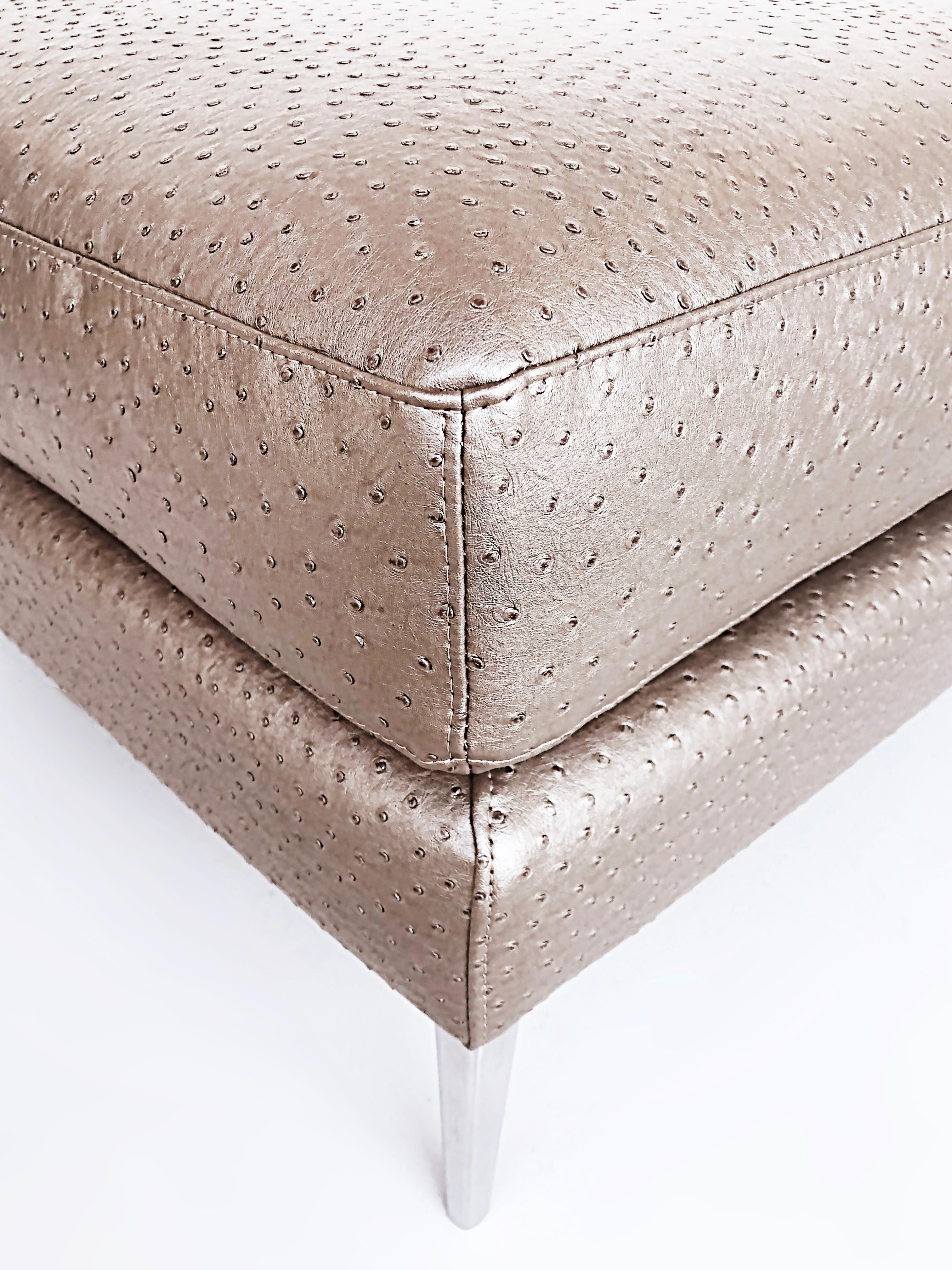 Dellarobbia Faux Ostrich Leather and Stainless Steel Ottoman In Good Condition For Sale In Miami, FL