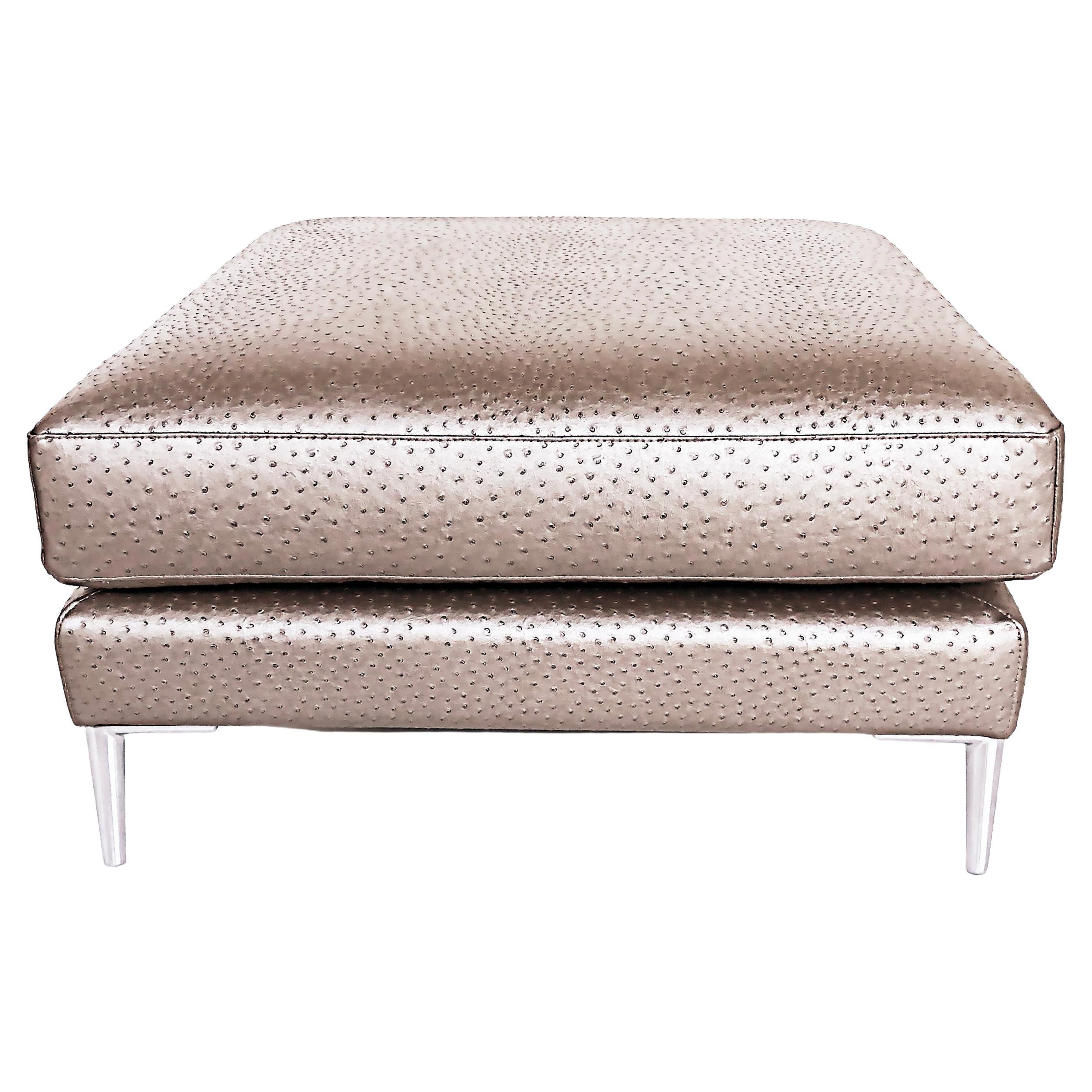 Dellarobbia Faux Ostrich Leather and Stainless Steel Ottoman For Sale