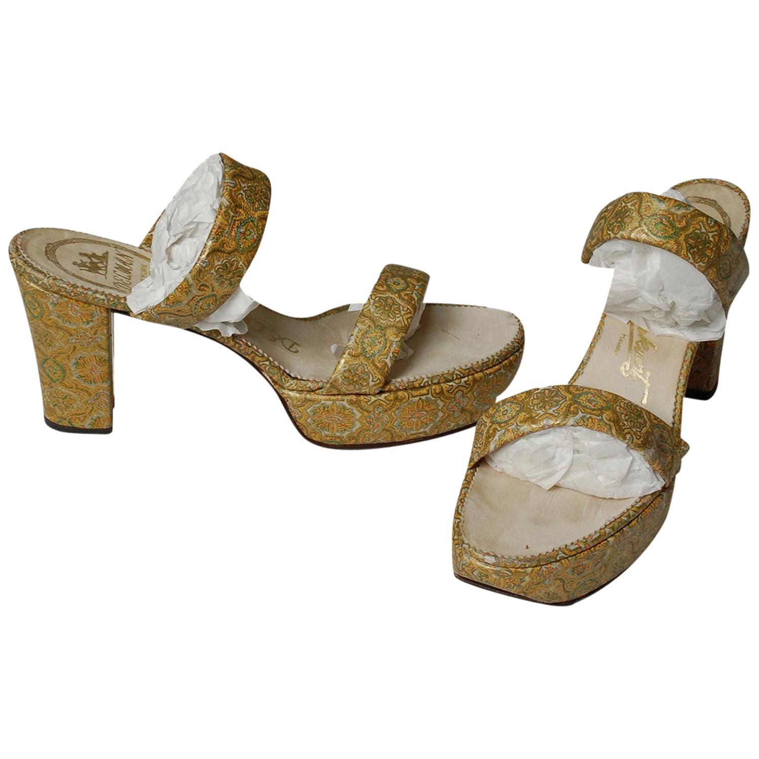 Delman Hand-Painted Gold Paisley Leather Platform Cha Cha Sandals - 6.5, 1940s
