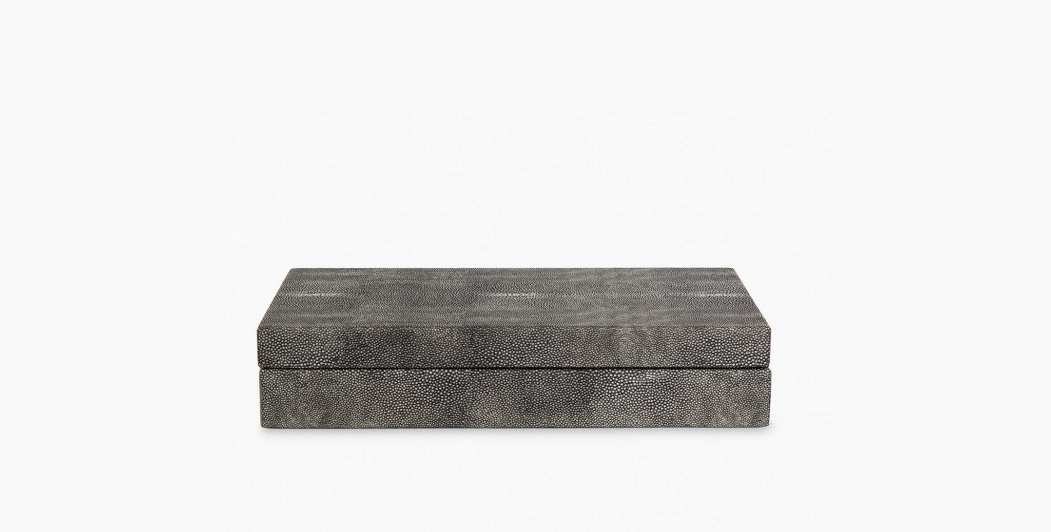 Our Delmar Boxes are wrapped in a striking gray/grey Shagreen inspired leather. The distinct pebbled surface adds an elegant textural accent to your designs and the perfect place for discreet organization. Available in 2 sizes, perfect for